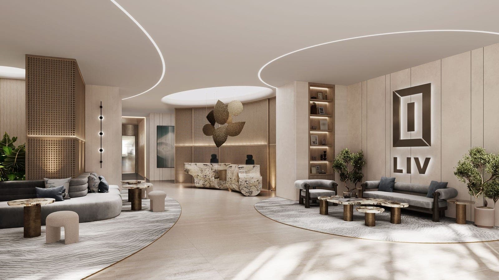 Render of the reception lobby at LIV Maritime at Dubai Maritime City, lounge seating on curved rugs before a sculptural reception desk, with the LIV emblem on the wall