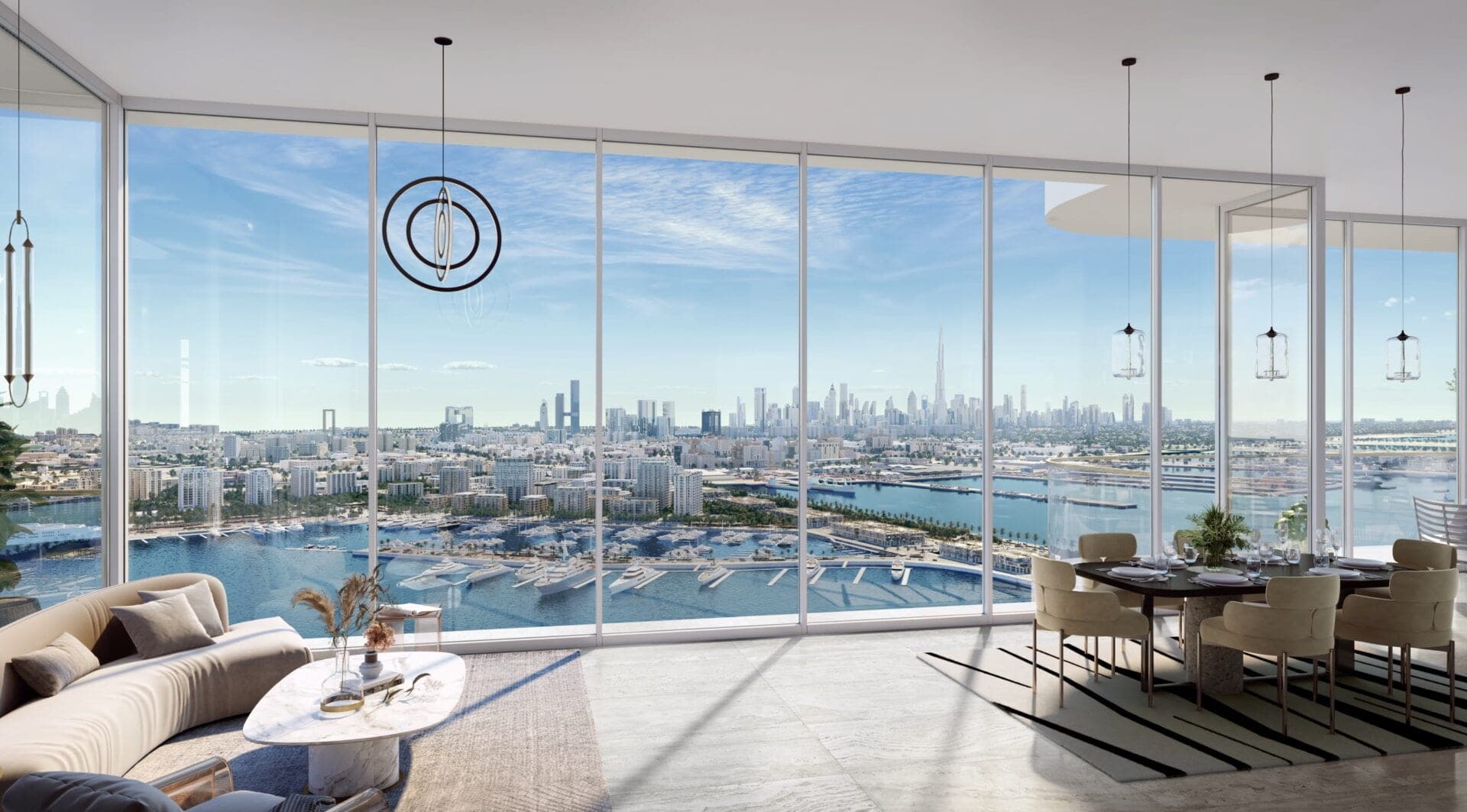 Render of a living and dining room in a signature home at LIV Maritime at Dubai Maritime City, with floor-to-ceiling glass overlooking a harbour and the city skyline