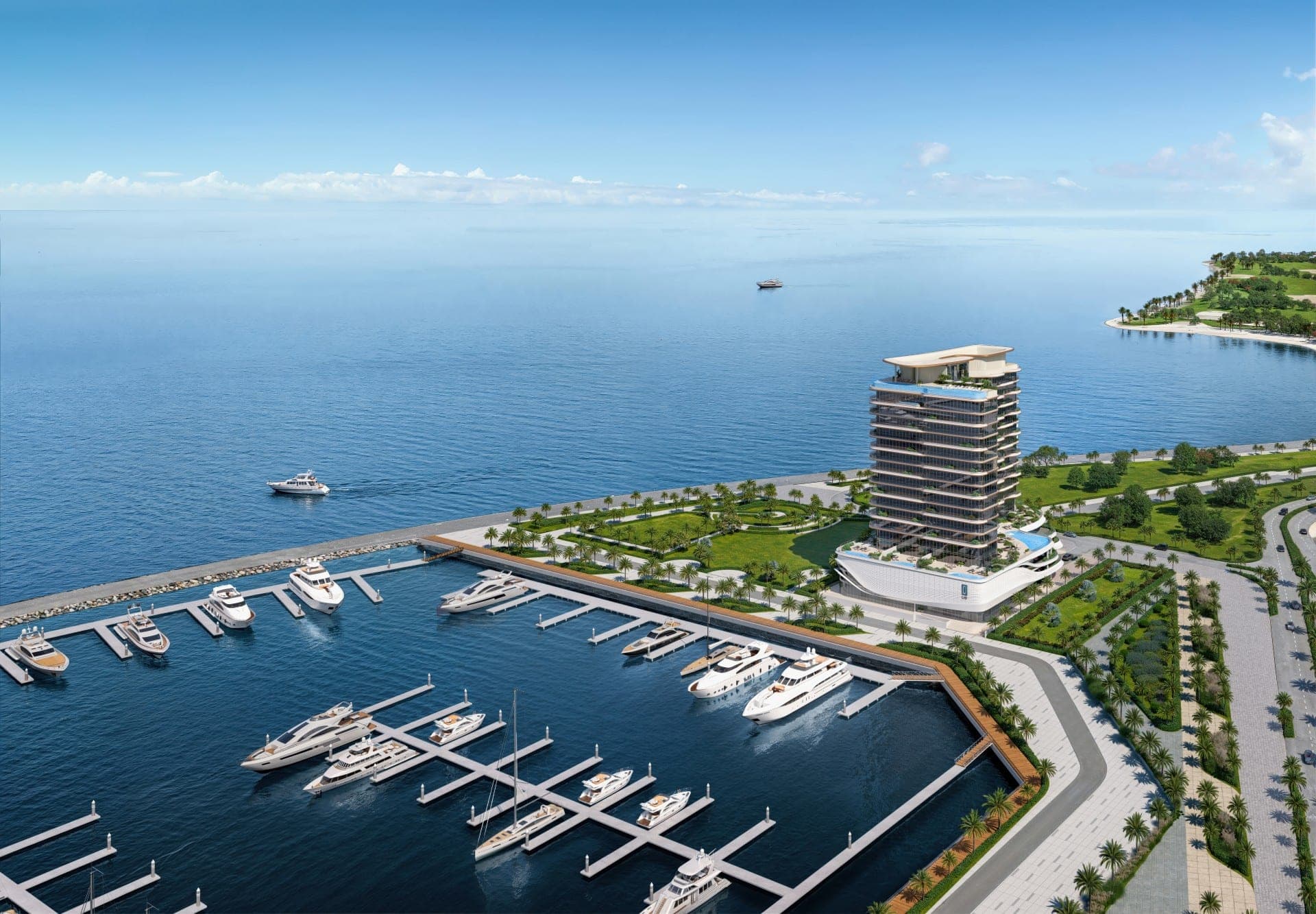 Render of LIV Oceanside on Dubai Islands from the air, a terraced tower on a curved podium beside a marina of moored yachts, with the open sea beyond