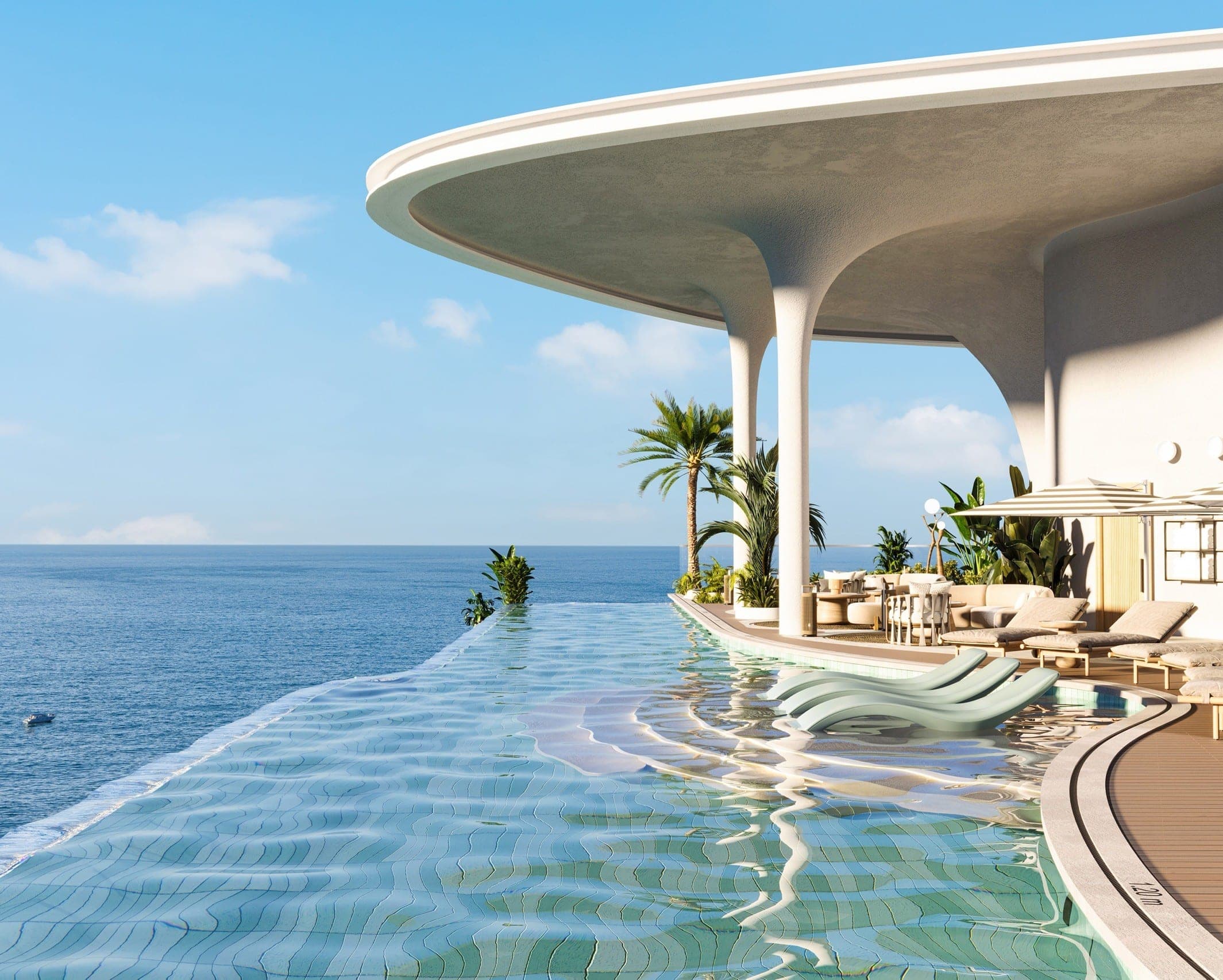 Render of the rooftop pool at LIV Oceanside on Dubai Islands, with in-water loungers beneath a curved white canopy facing the sea