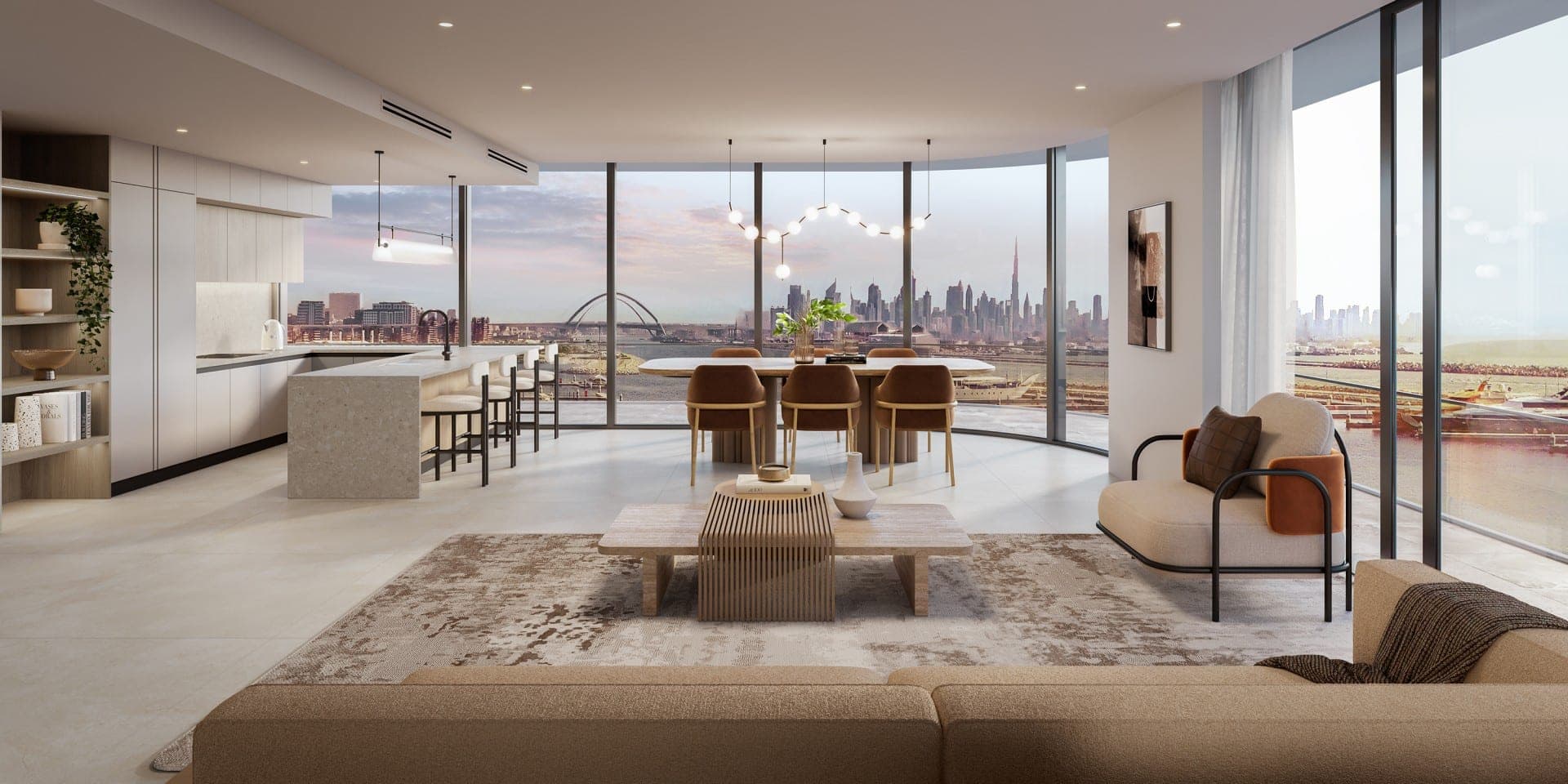 Render of an apartment living and dining room at LIV Oceanside on Dubai Islands, with curved full-height glazing looking towards the Dubai skyline