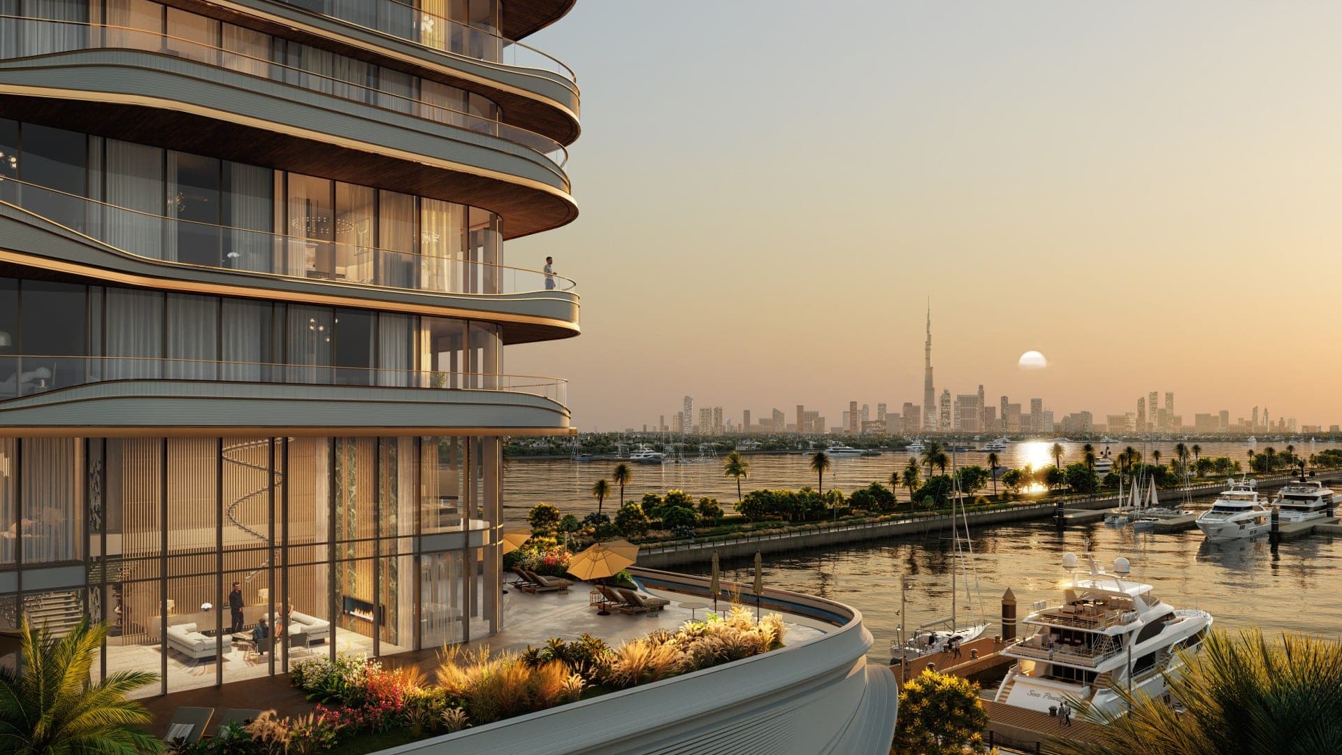 Render of a planted podium terrace at LIV Oceanside on Dubai Islands at sunset, looking across the marina to the Dubai skyline