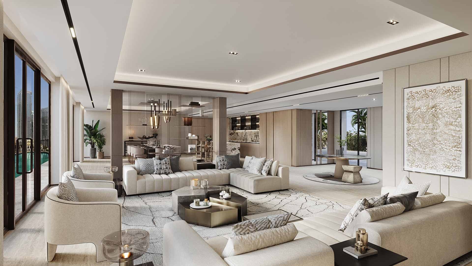 Render of a large living room at LIV Waterside in Dubai Marina, with pale sofas, a dining area beyond and glazed doors onto a pool terrace and marina towers