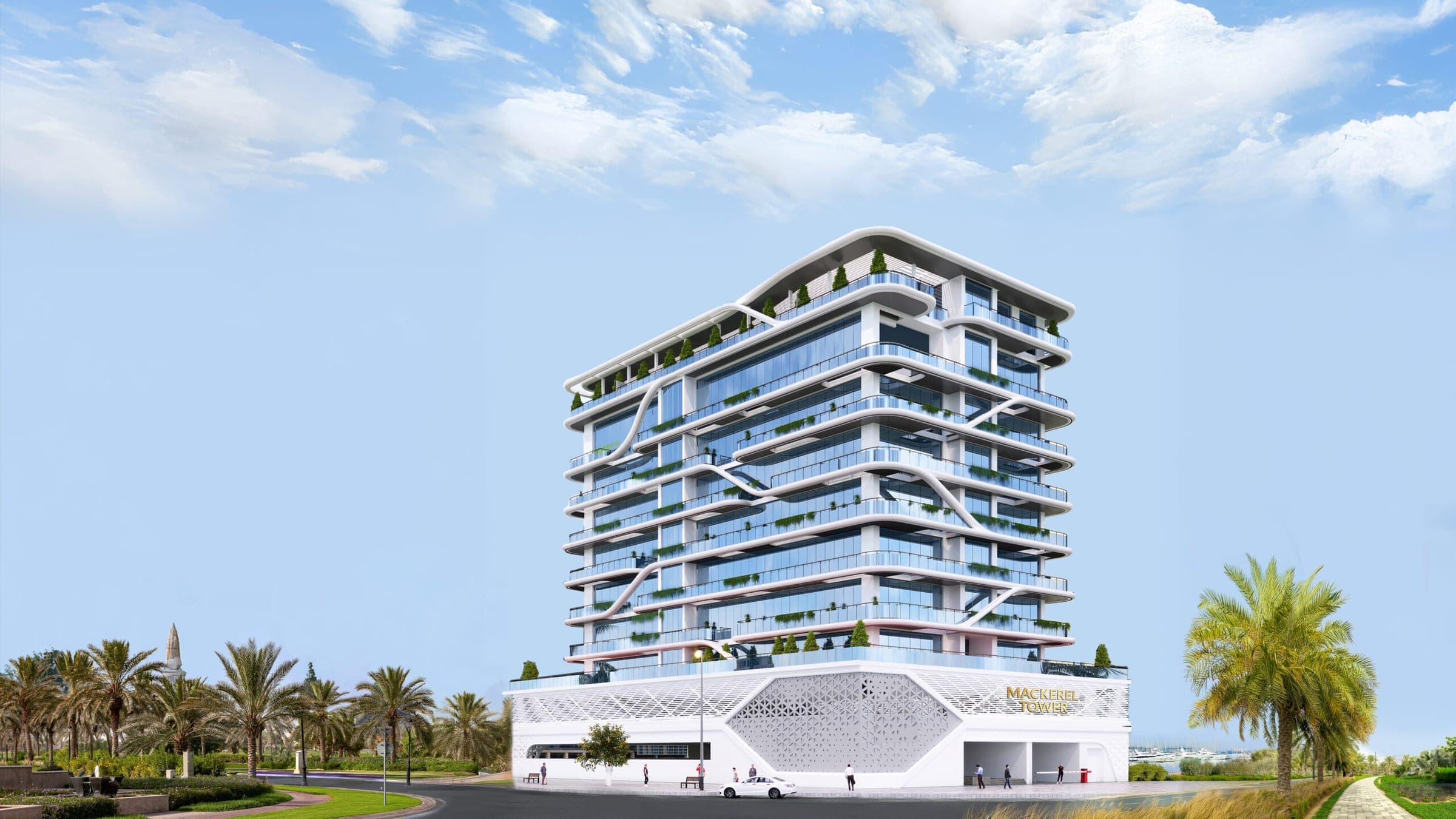 Render of Mackerel Tower on Dubai Islands, a white terraced building with planted balconies above a patterned podium, palms along the road in front