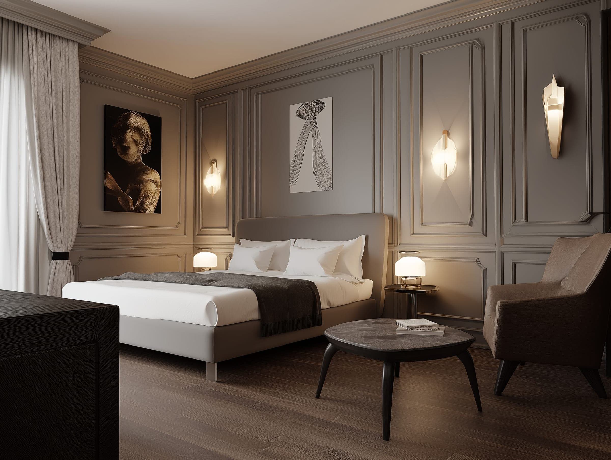 Render of a bedroom at Magnolia by Palladium, with grey panelled walls, a double bed, wall lights, a round coffee table and an armchair