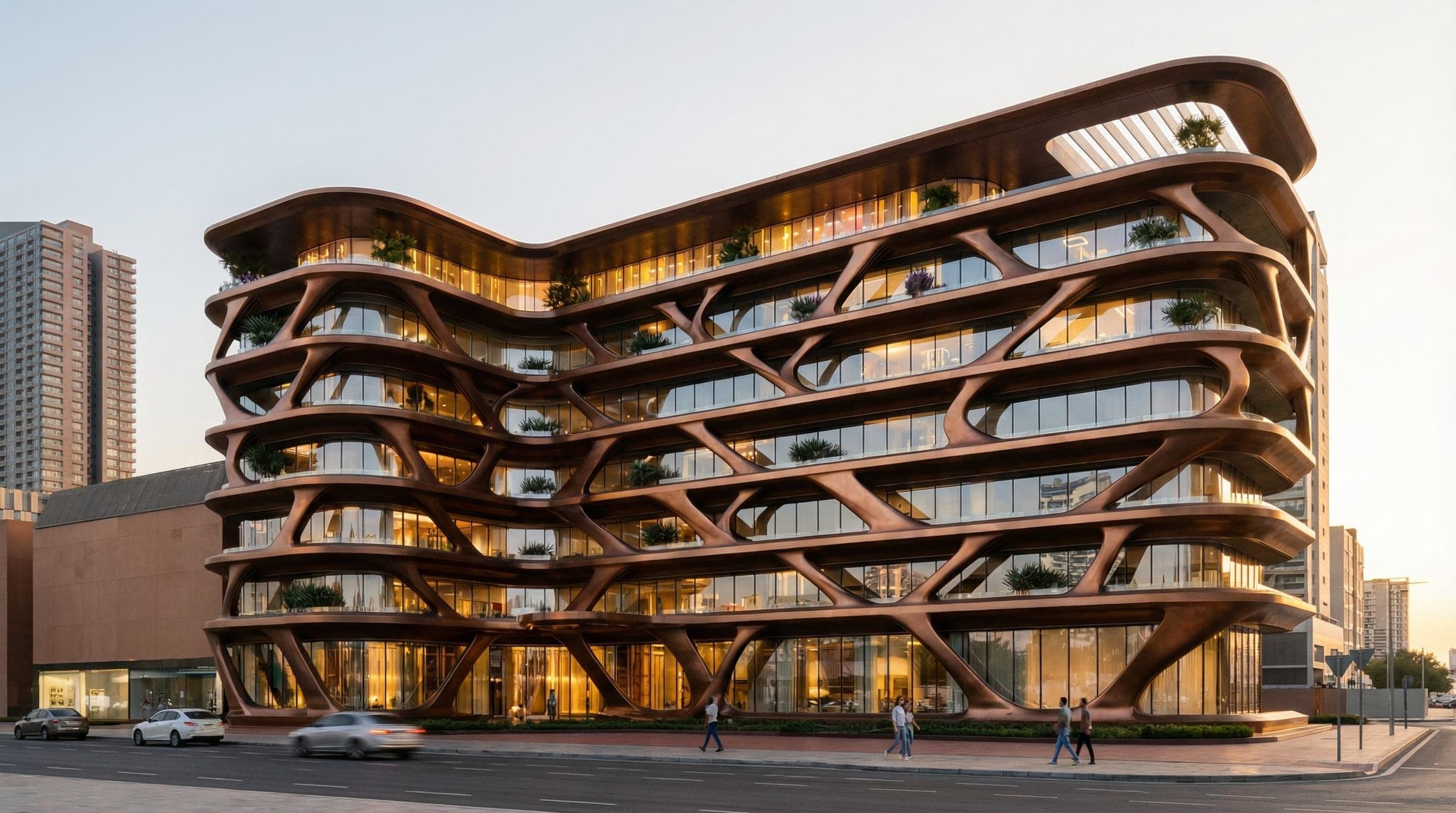 Render of Magnolia by Palladium at dusk, with curved floors wrapped in branching bronze-coloured supports, a glazed ground floor and a roof canopy, and cars and pedestrians on the street in front