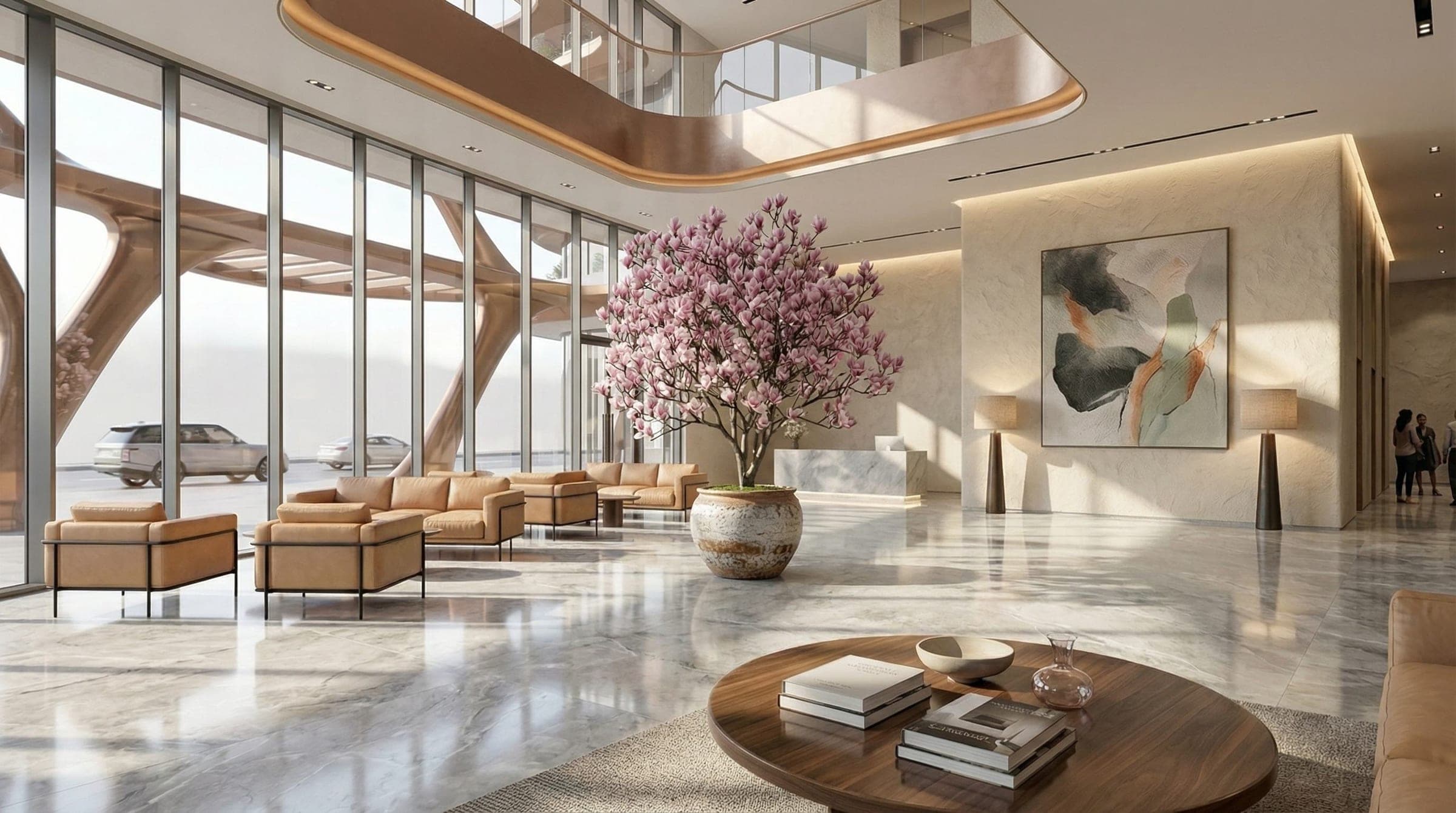 Render of the Magnolia by Palladium lobby, with a double-height glazed wall, tan leather armchairs, a flowering magnolia tree in a large ceramic pot and a marble reception desk
