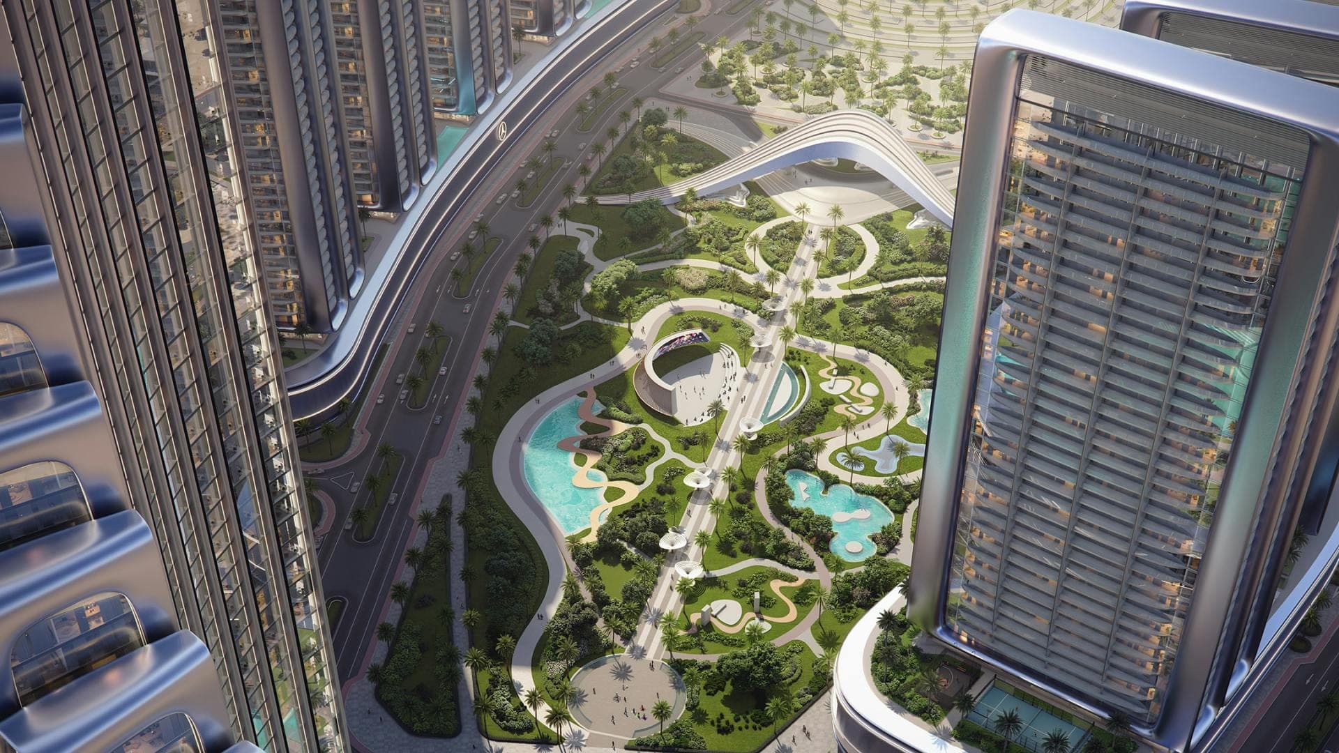 Render of Mercedes-Benz Places | Binghatti City from the air, looking down on the landscaped central park between the towers