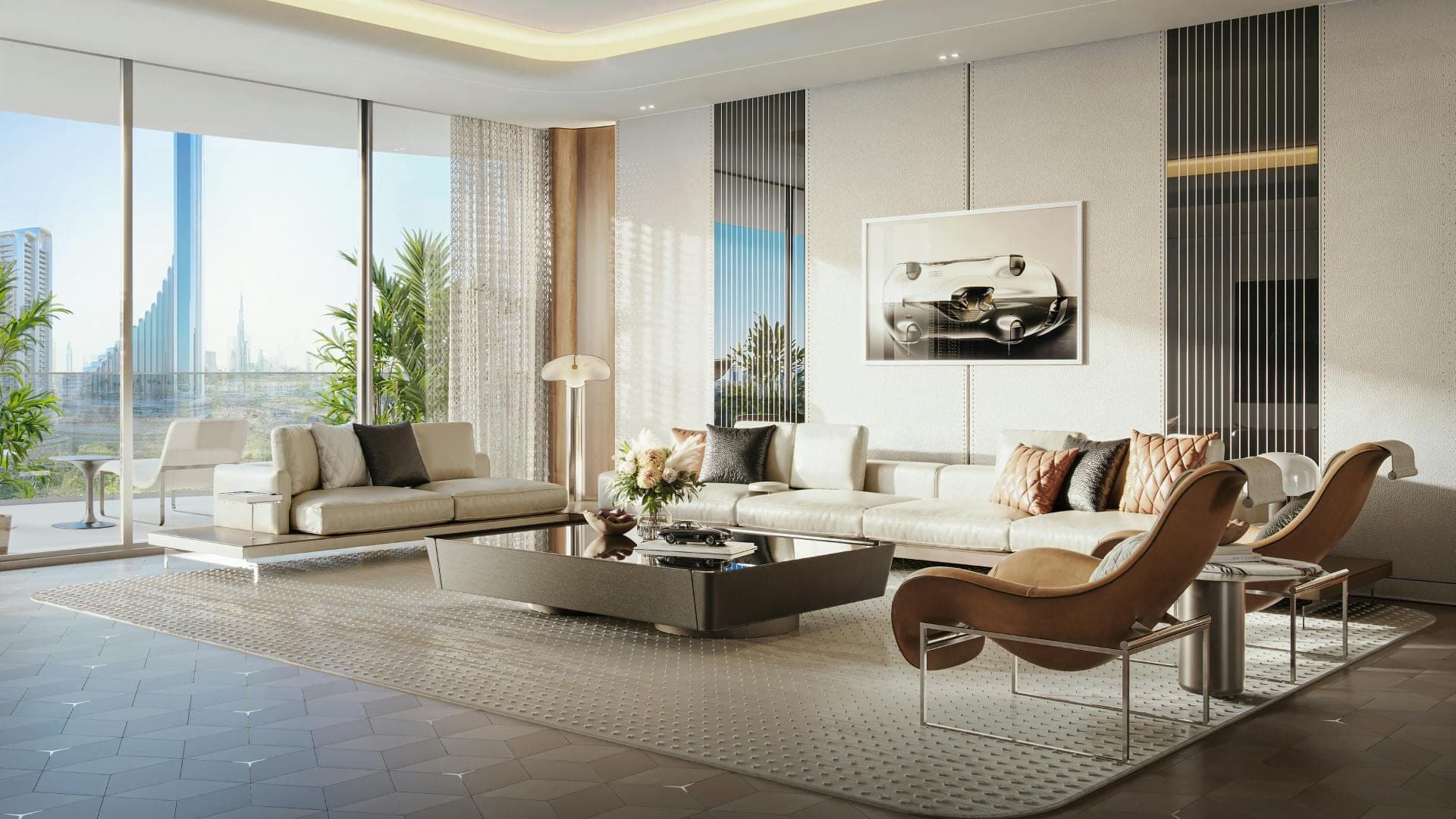 Render of a furnished living room at Mercedes-Benz Places | Binghatti City