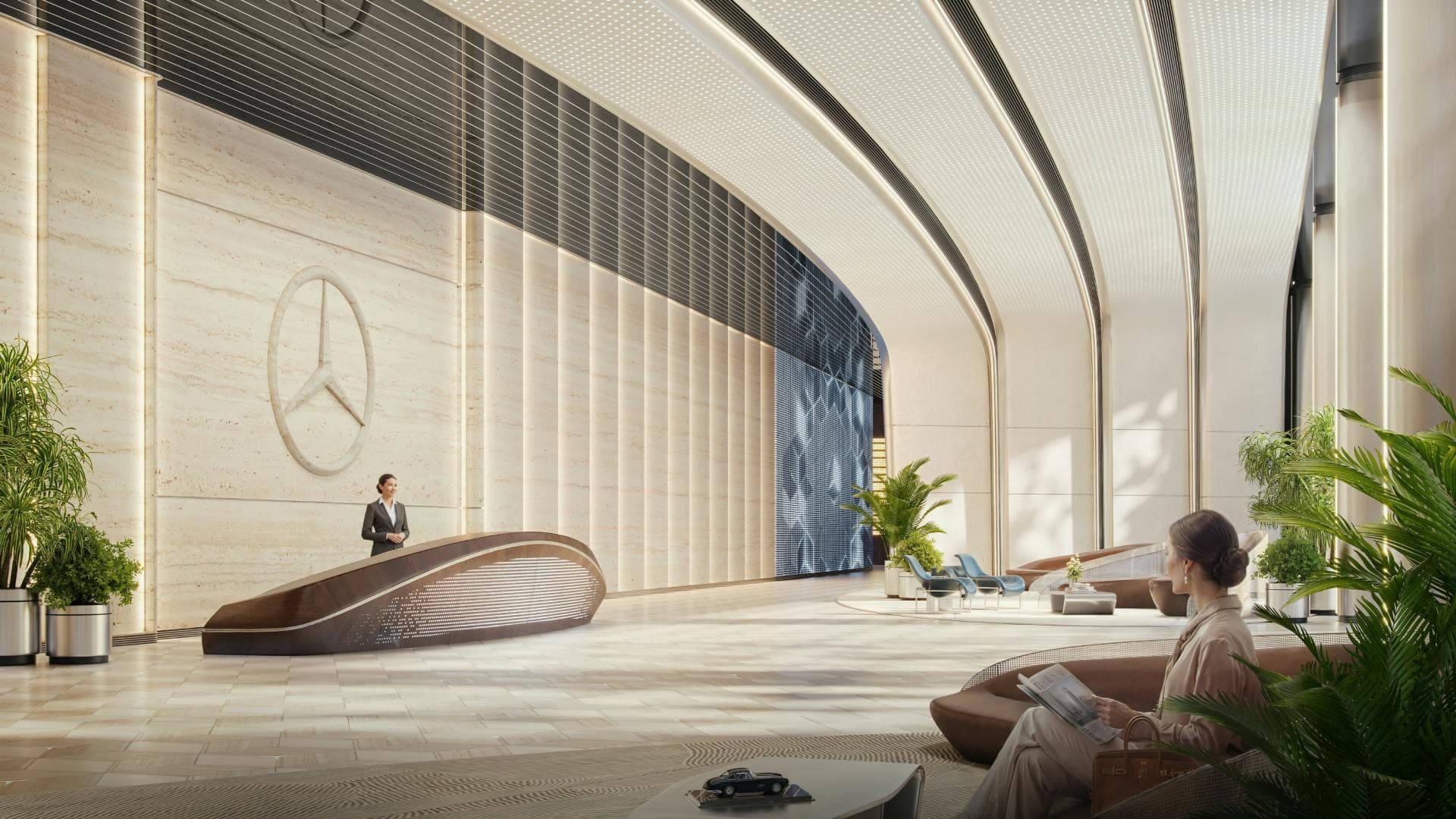 Render of the lobby at Mercedes-Benz Places | Binghatti City, with a curved reception desk and the Mercedes-Benz star on the wall