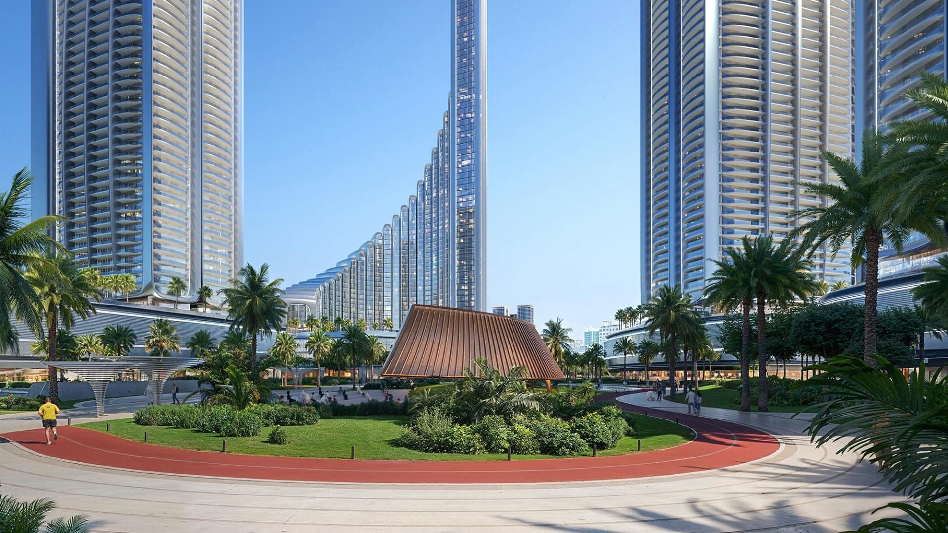 Render of the landscaped podium and running track at Mercedes-Benz Places | Binghatti City