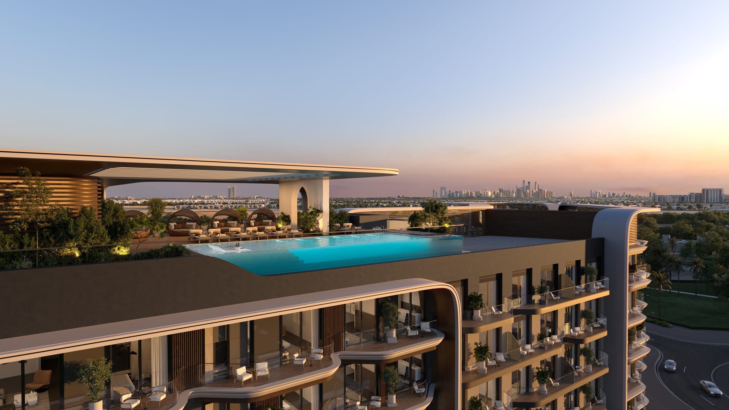 Render of the rooftop pool deck at Mirari Lagoon by Zoya in Dubai Industrial City at sunset, cabanas and loungers beside the infinity pool with the Dubai skyline on the horizon