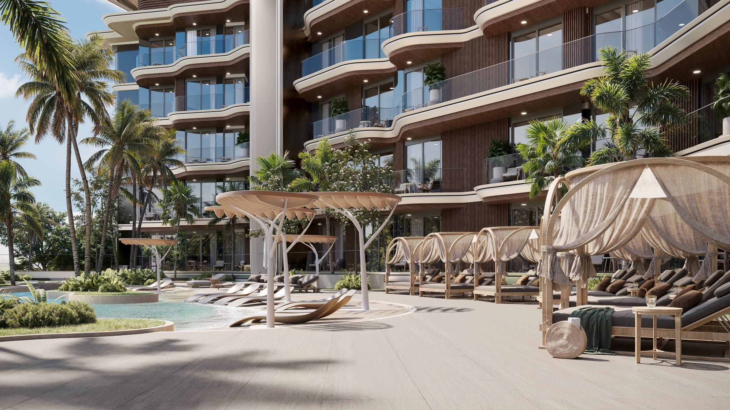 Render of a lagoon-side cabana at Mirari Lagoon