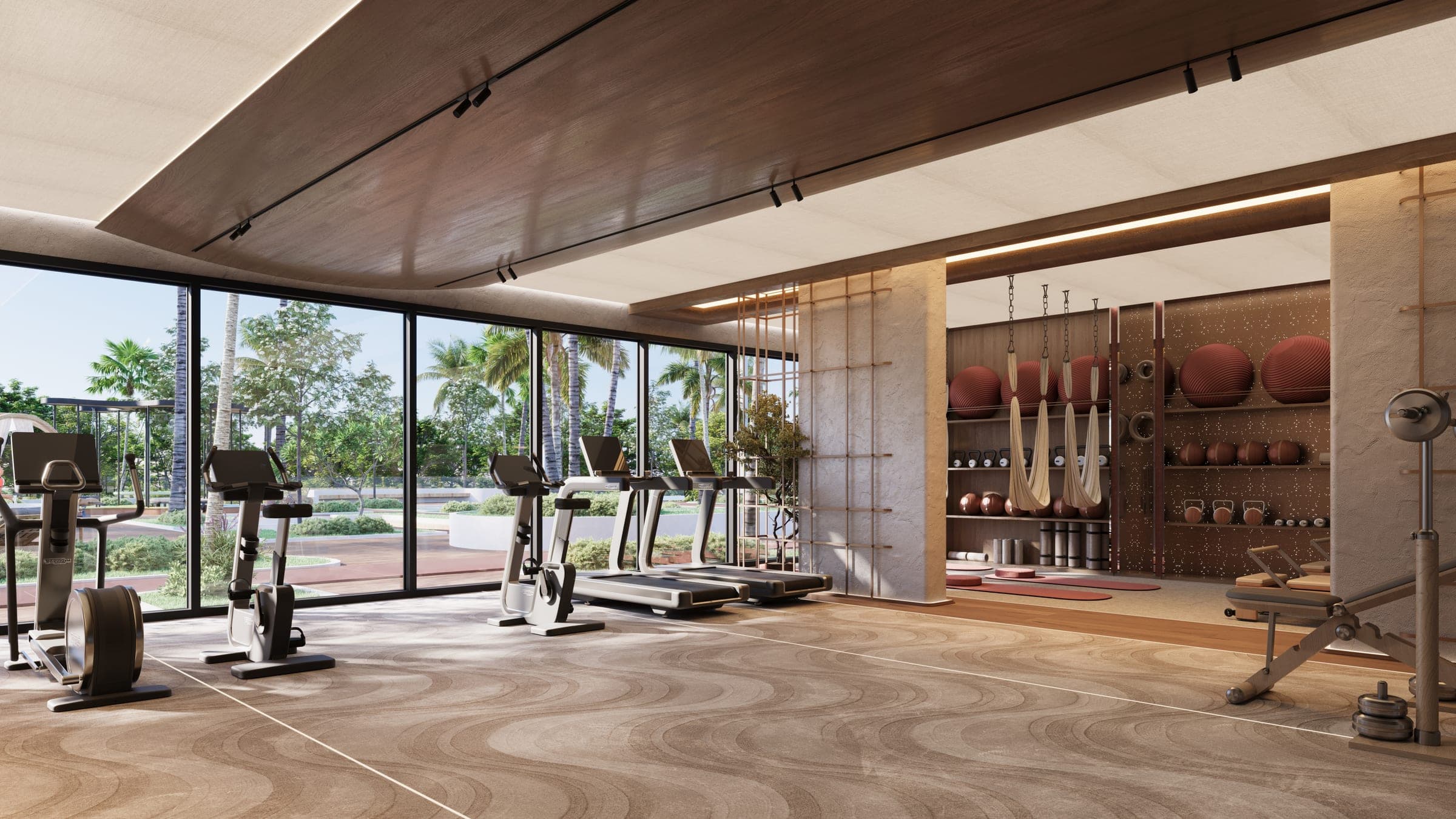 Render of the Mirari Lagoon gym overlooking the landscaped deck