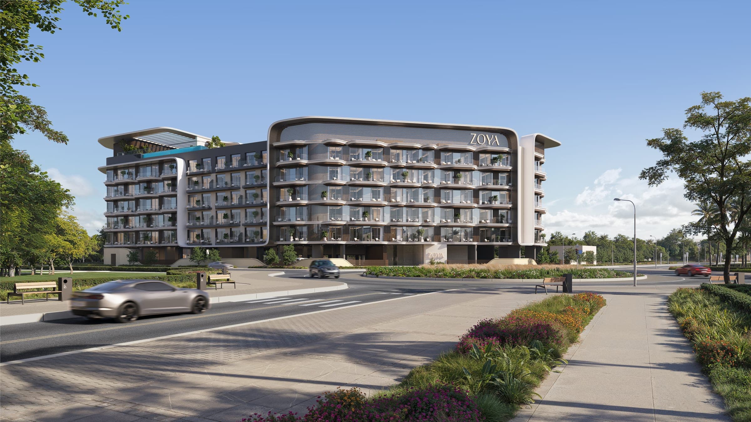 Render of the Mirari Lagoon podium elevation and entrance in daylight