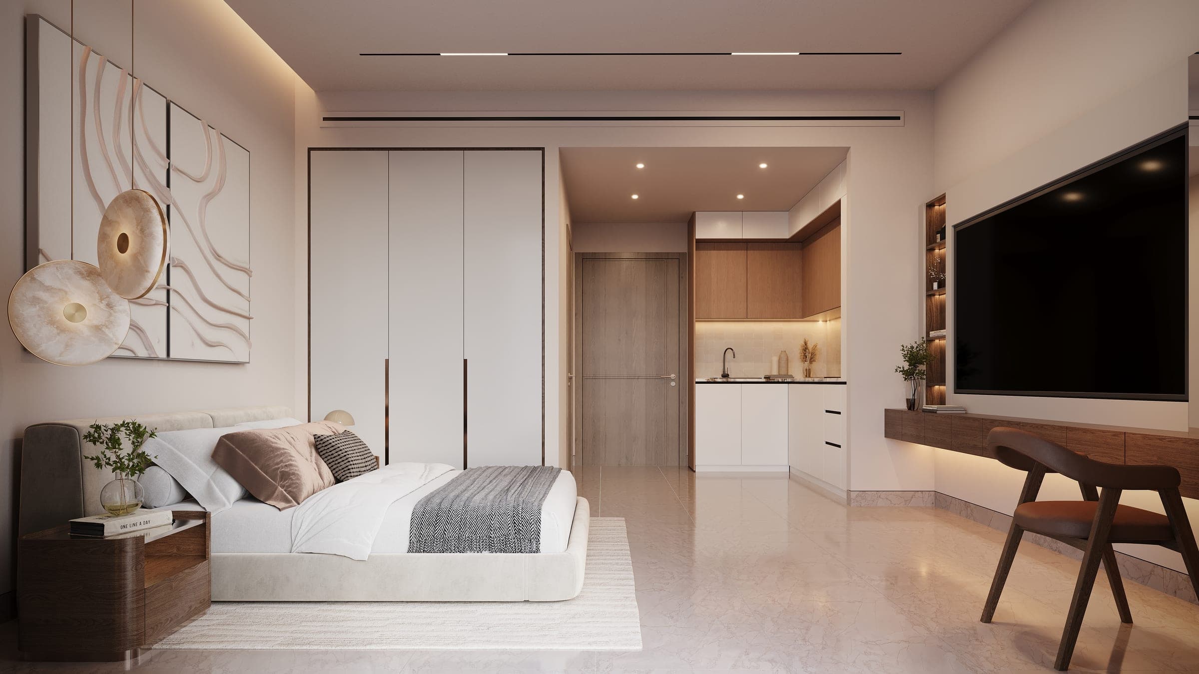 Render of a furnished studio interior at Mirari Lagoon, open-plan with a kitchenette