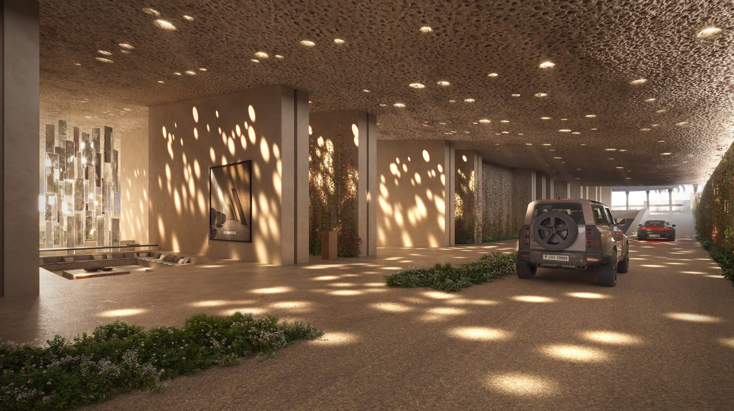 Render of the arrival level at Muraba Veil, under a perforated concrete canopy
