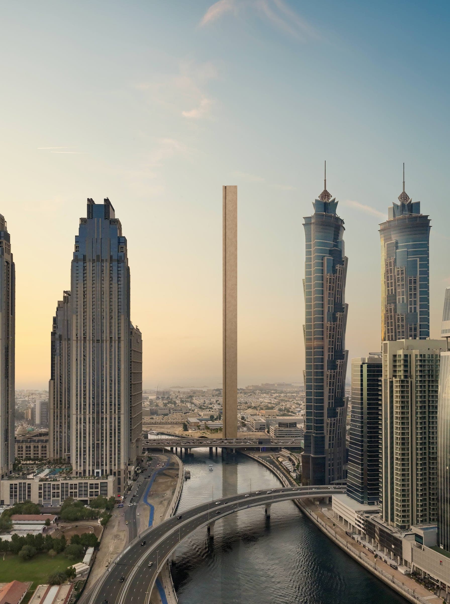 Render of Muraba Veil, the slender blade-shaped tower, standing among neighbouring high-rises