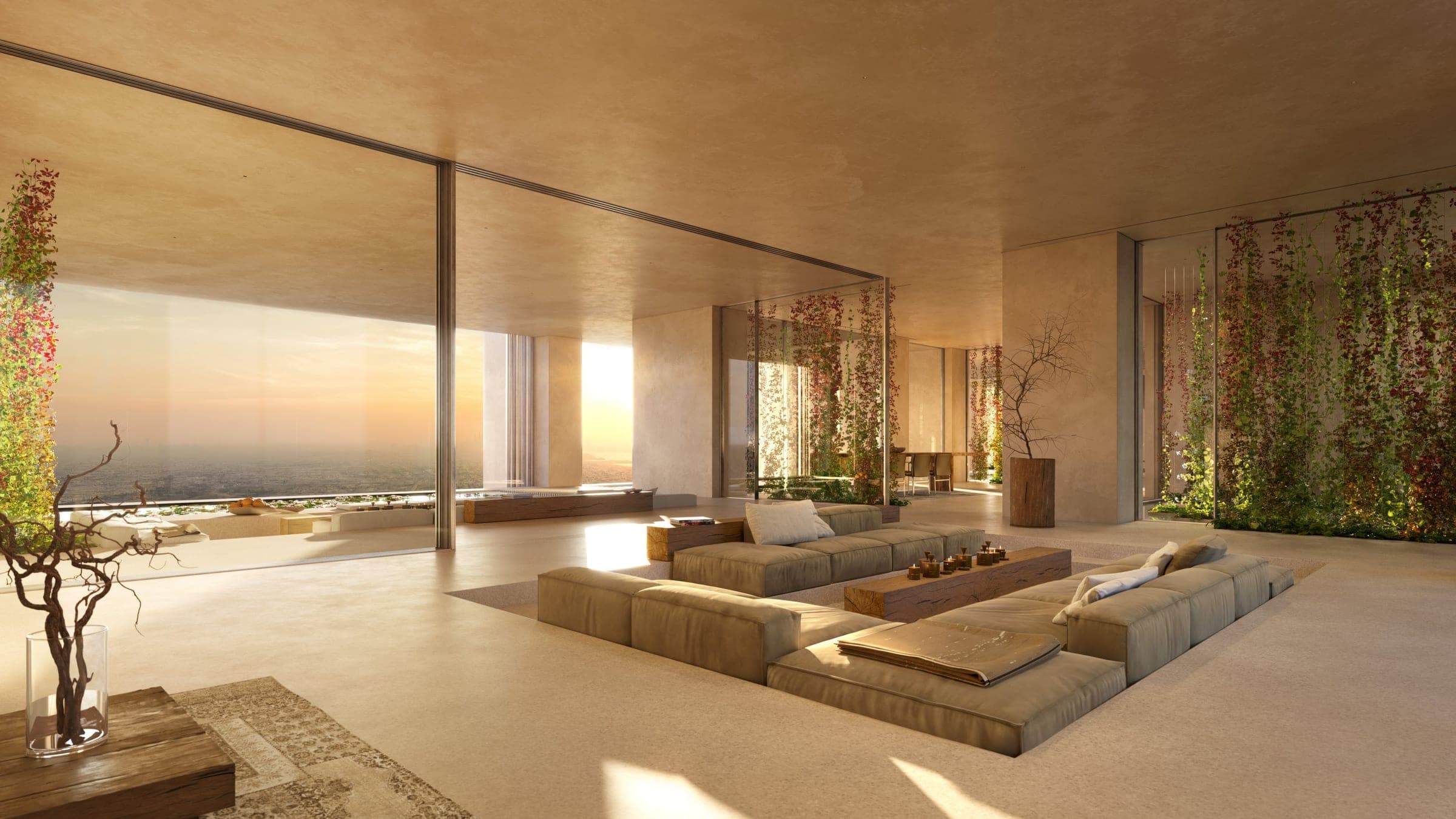 Render of the living room of a three-bedroom residence at Muraba Veil