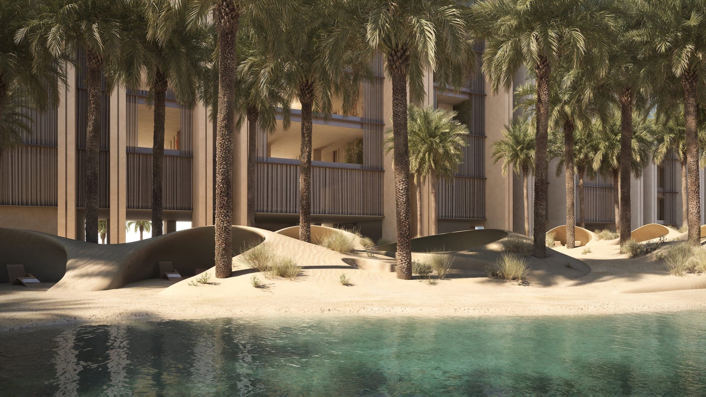 Render of the dune pool at Muraba Veil, planted with palms