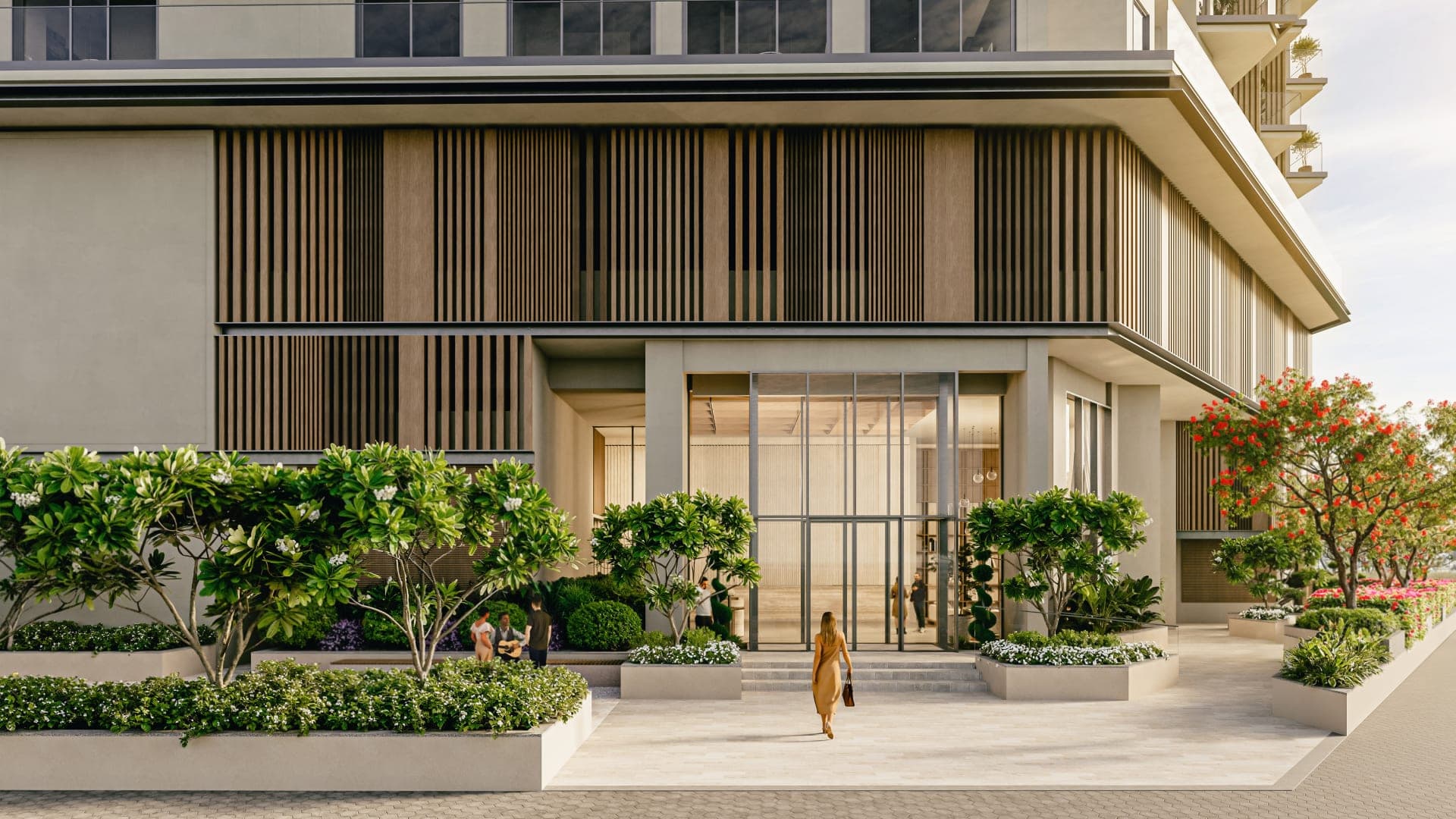 Render of the ground-floor entrance and landscaped forecourt at Nirvana Residences I