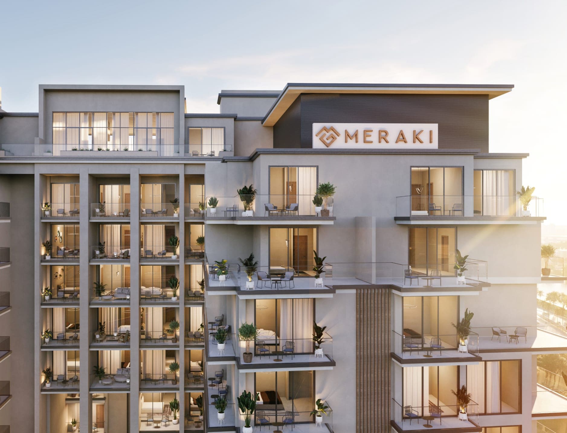 Render of the upper floors of Nirvana Residences I, showing the planted balconies and the building's crown