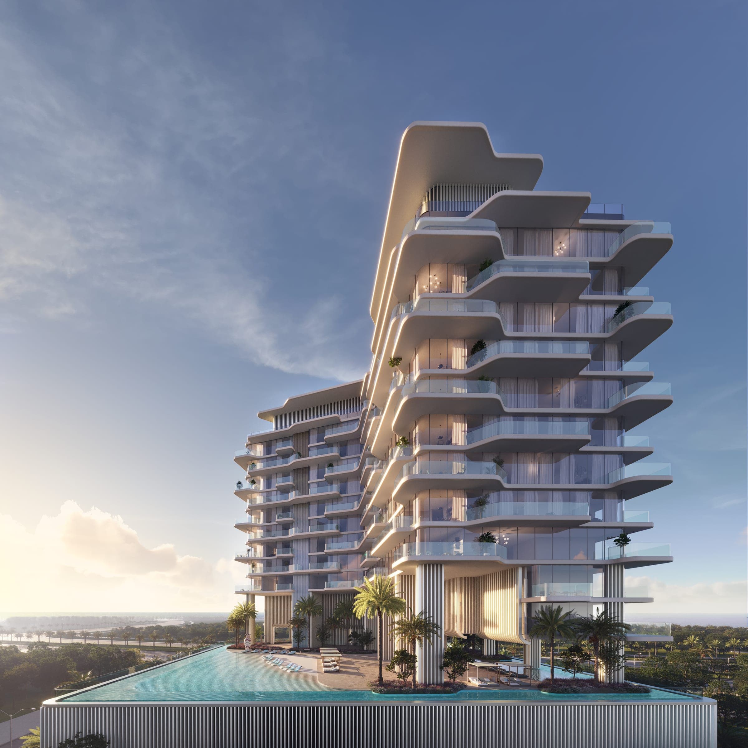 Render of OCTA Isle Interiors by Missoni on Dubai Islands in low sun, its wave-edged balconies rising above the podium pool