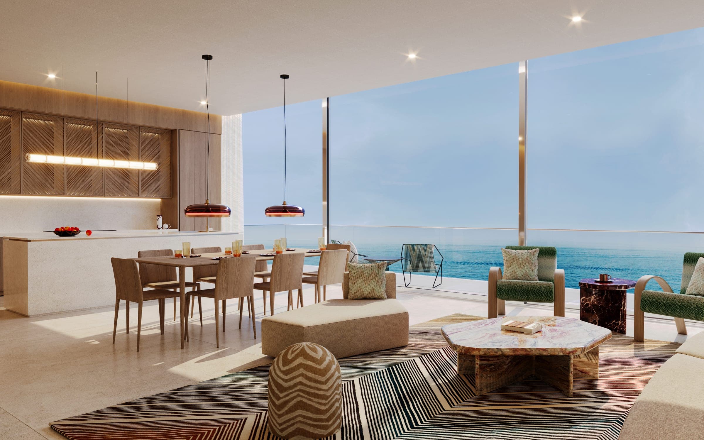 Render of an apartment living and dining room at OCTA Isle Interiors by Missoni, with a patterned rug, a marble coffee table and a sea view through full-height glazing