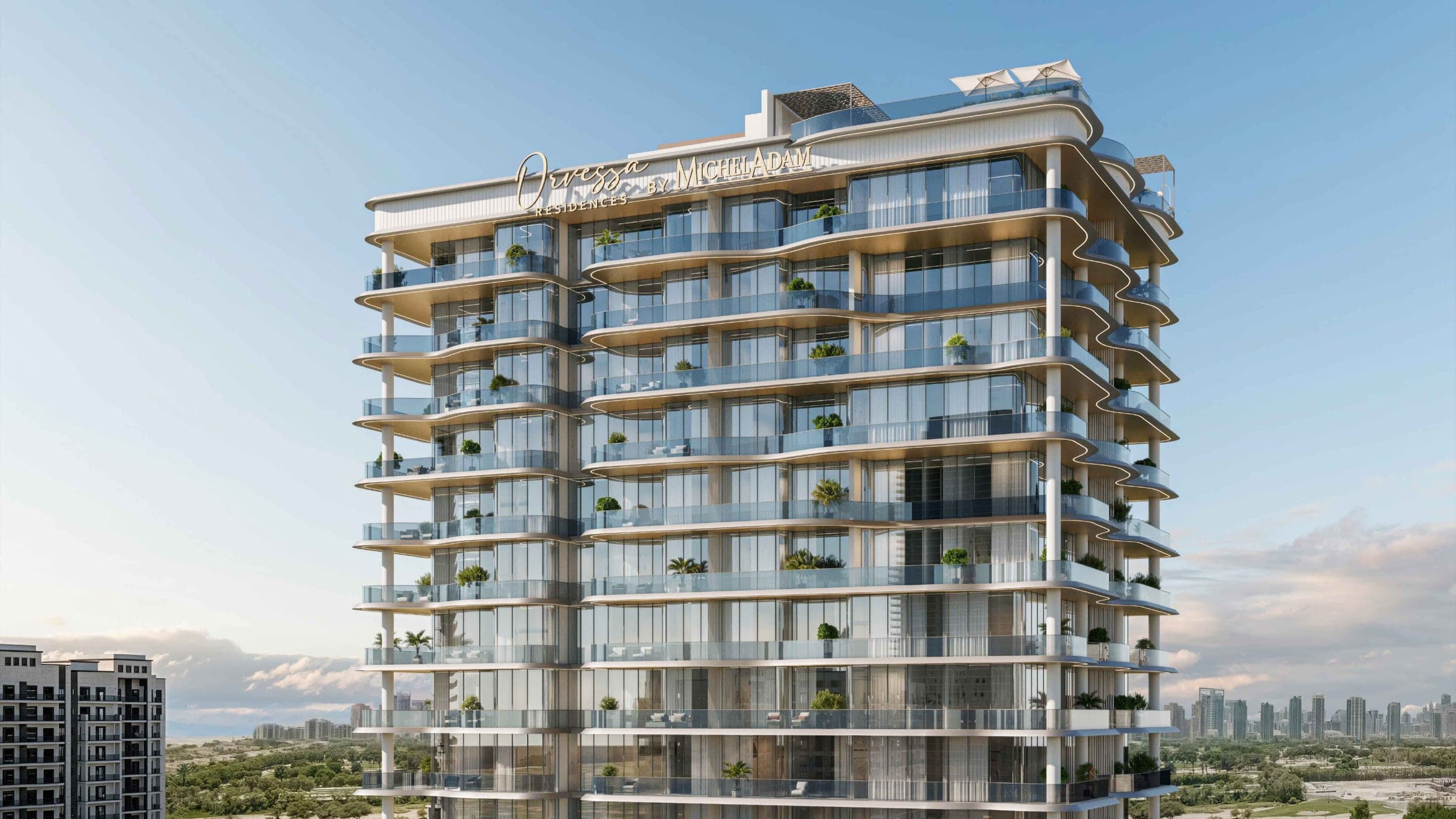 Render of Orvessa Residences by Michel Adam, the full height of the tower and its curved balconies in Al Furjan