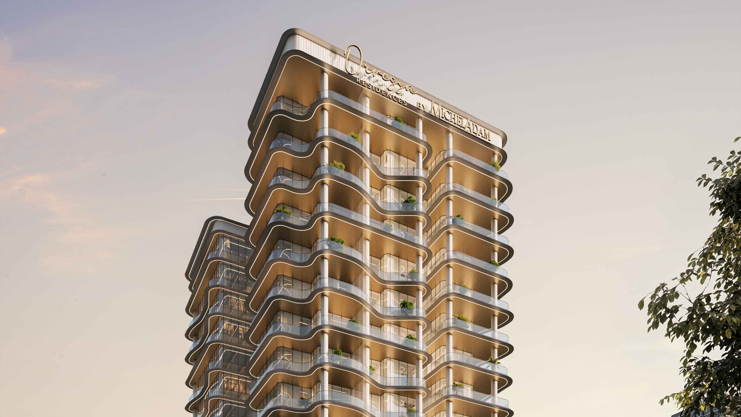 Render of the curved balcony facade of Orvessa Residences by Michel Adam, looking up the tower