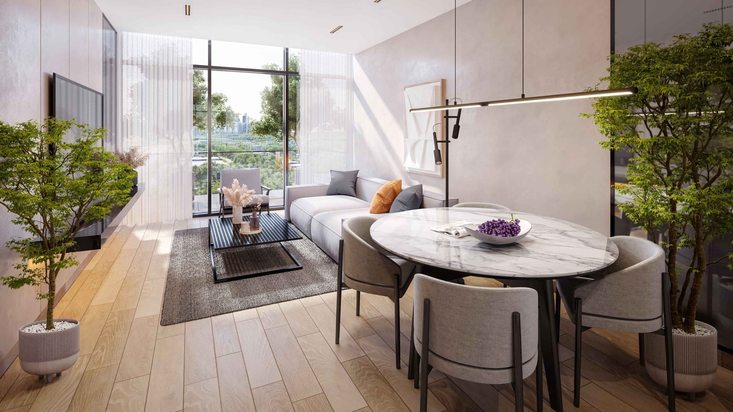 Render of a furnished living and dining room in an apartment at Orvessa Residences by Michel Adam
