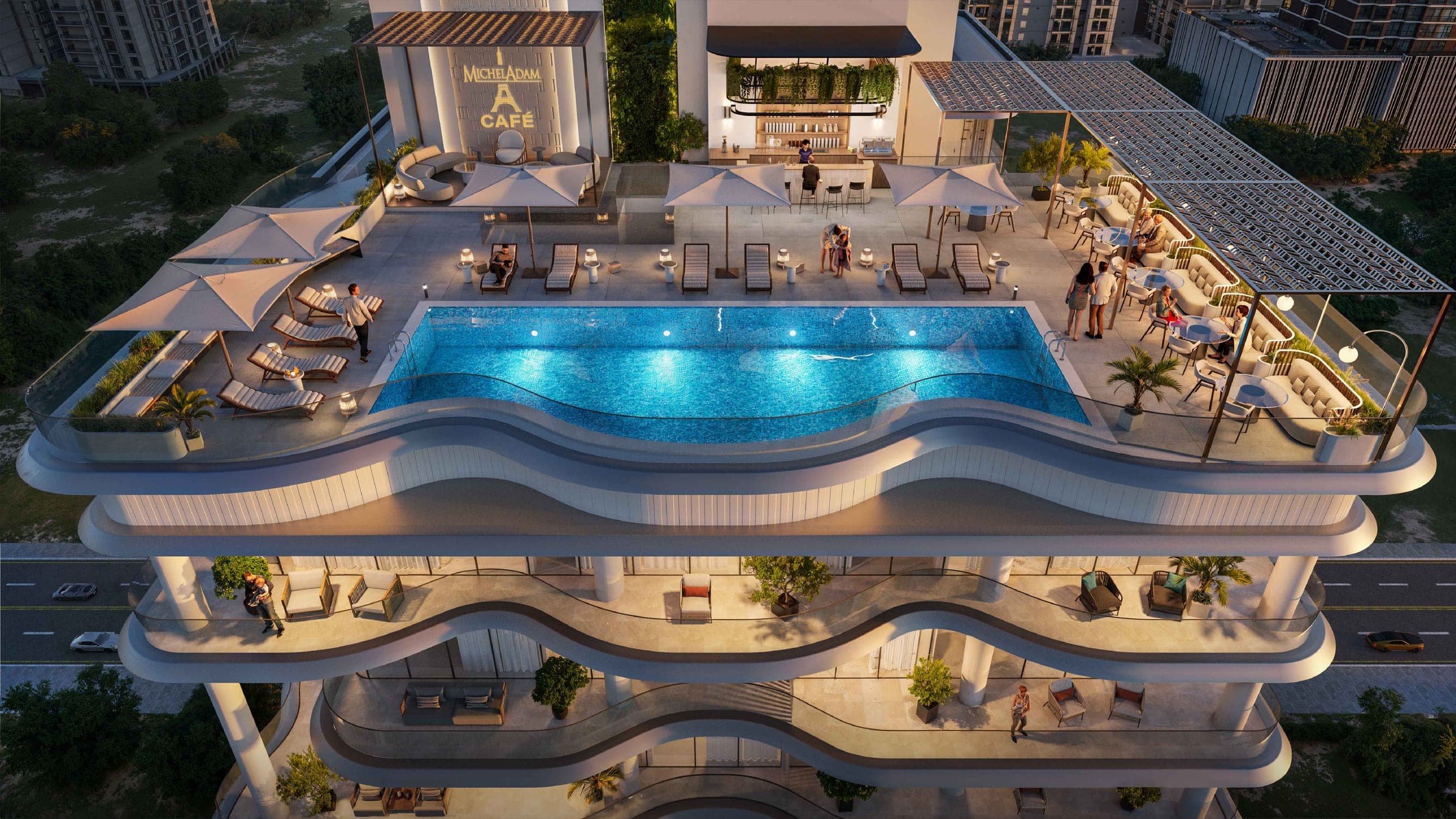 Render of the podium pool deck at Orvessa Residences by Michel Adam, seen from above