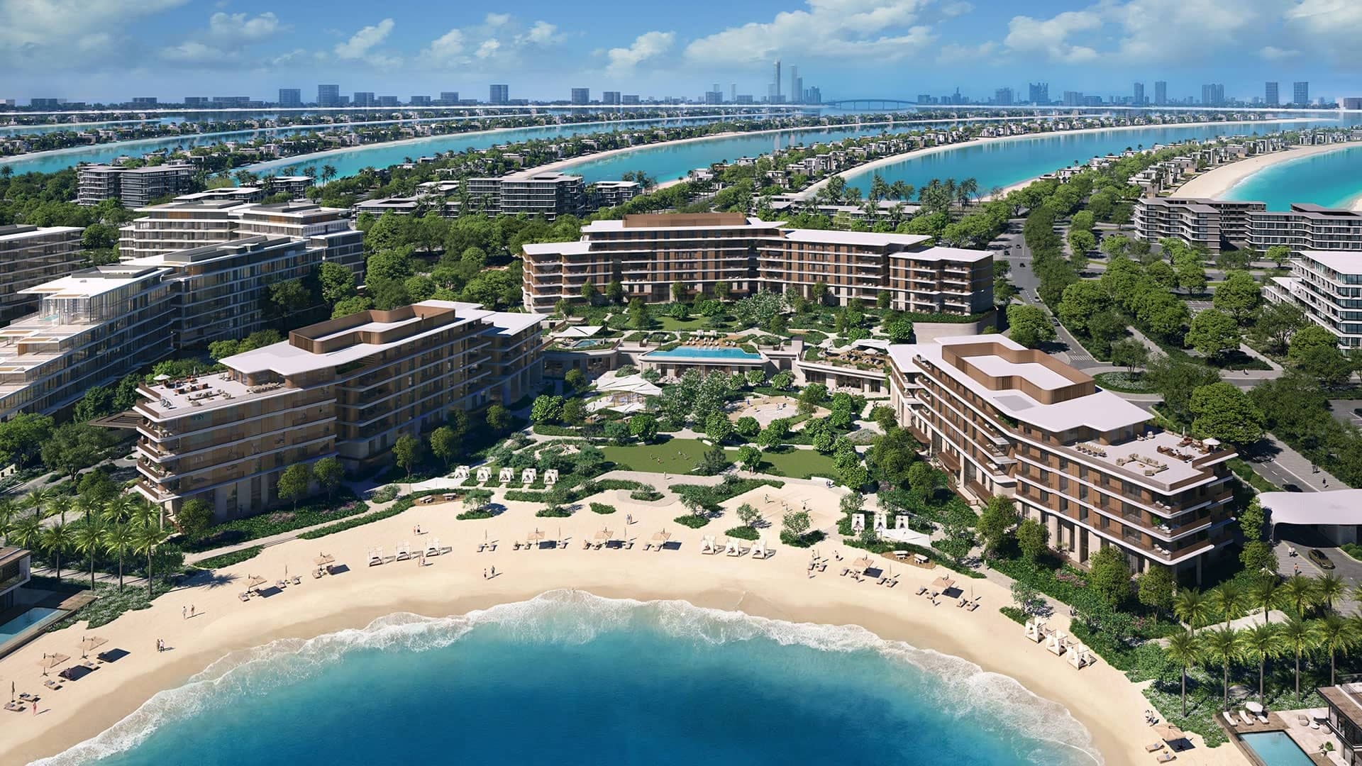 Render of Palm Central Private Residences from the air, showing the buildings and beach on Palm Jebel Ali