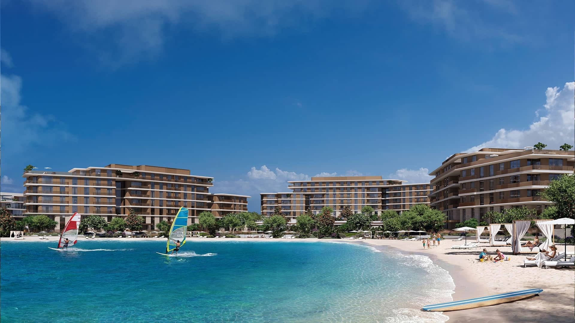 Render of Palm Central Private Residences on Palm Jebel Ali, the buildings seen from the beach across the water