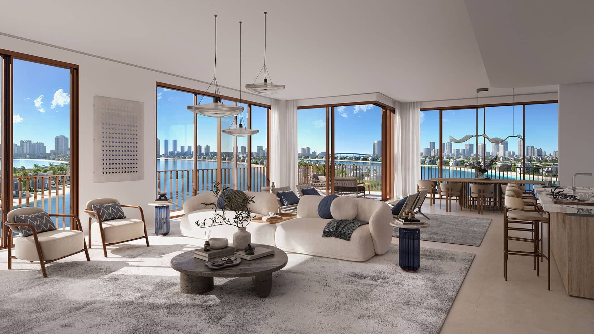 Render of a furnished living room at Palm Central Private Residences, opening onto a terrace with water views