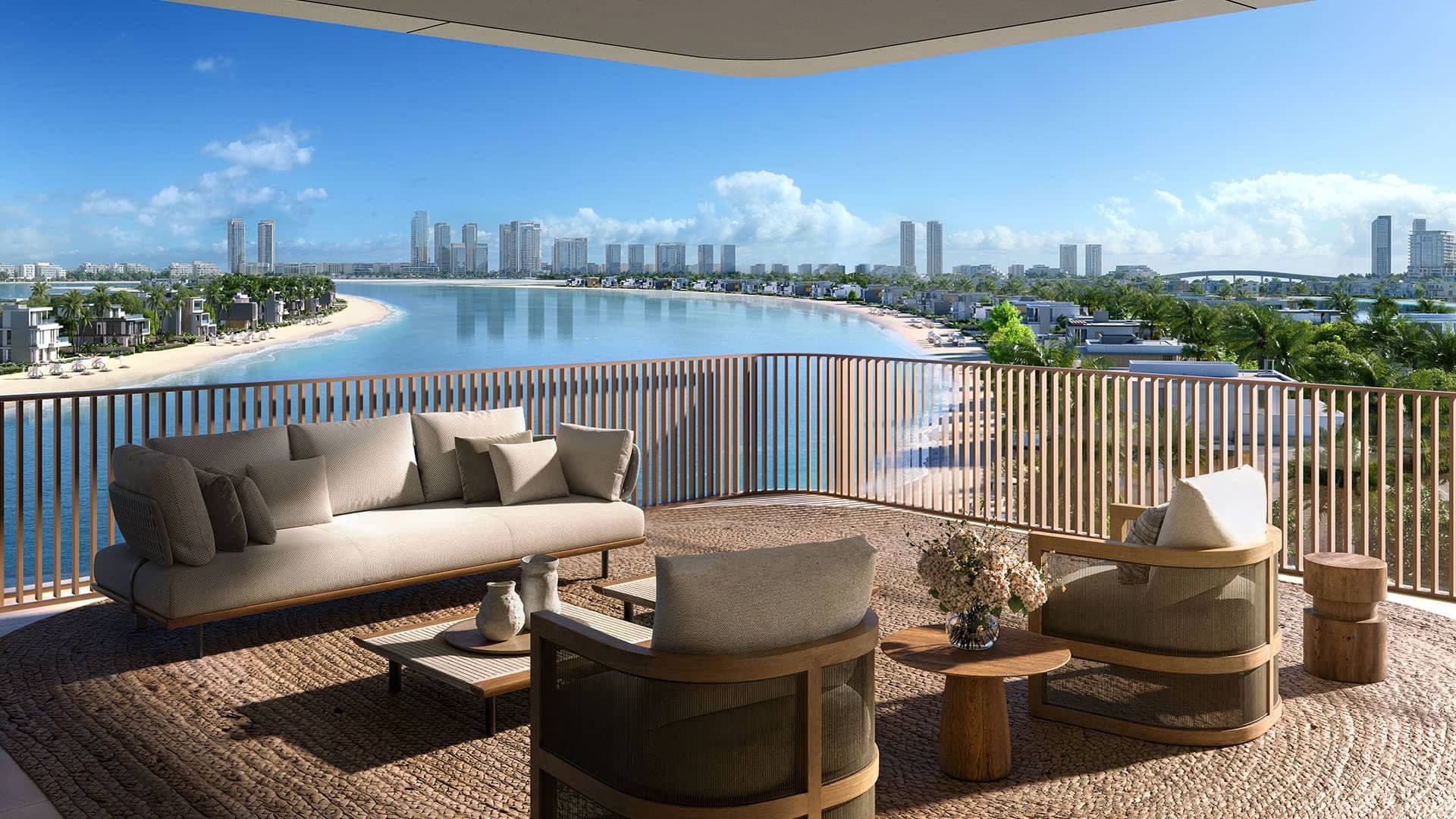 Render of a terrace at Palm Central Private Residences, with seating overlooking the water