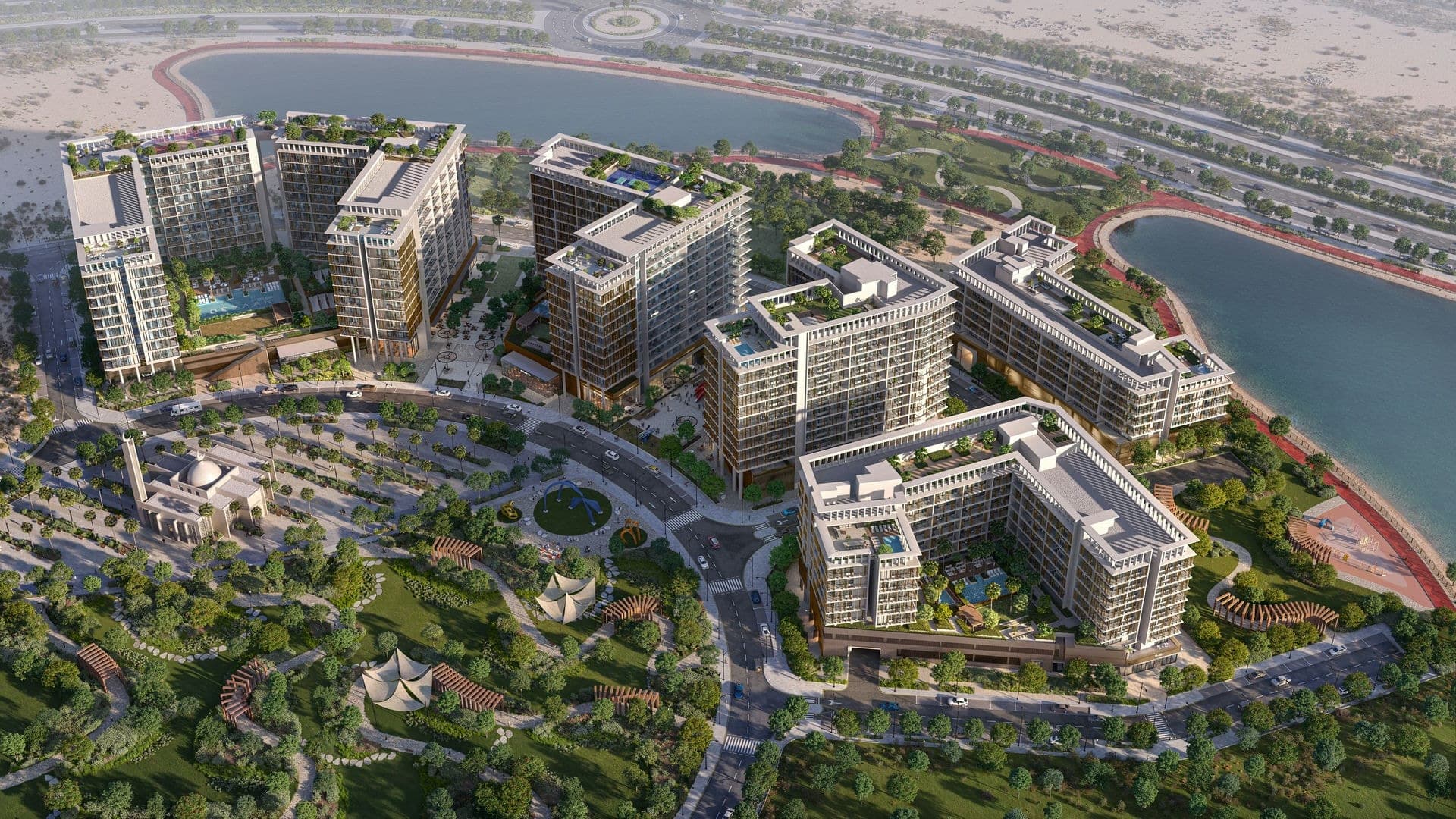 Render of the ParkFive masterplan seen from the air, showing the plots set around the lake