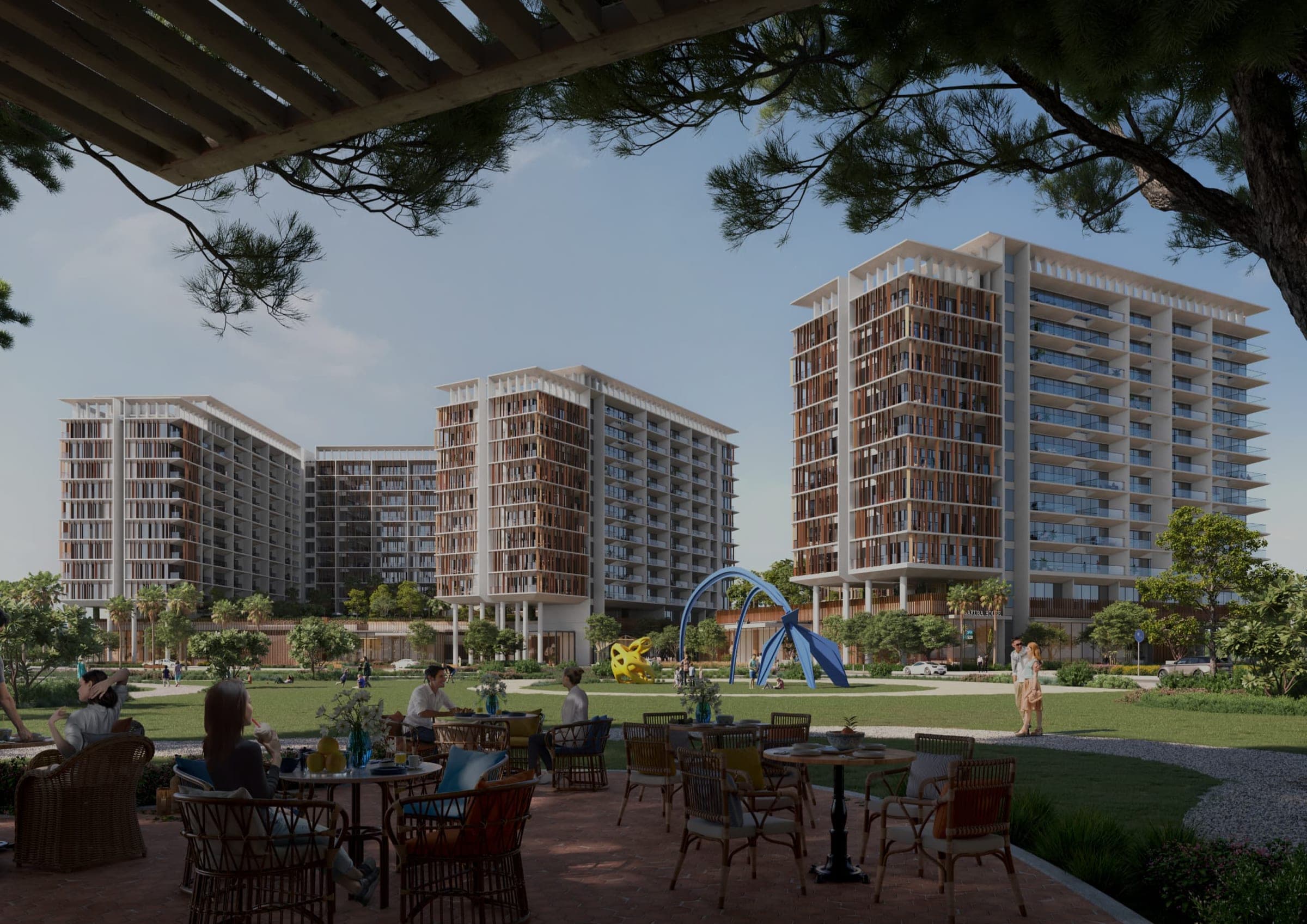 Render of ParkFive by Deyaar, low-rise apartment buildings around landscaped grounds in Dubai Production City