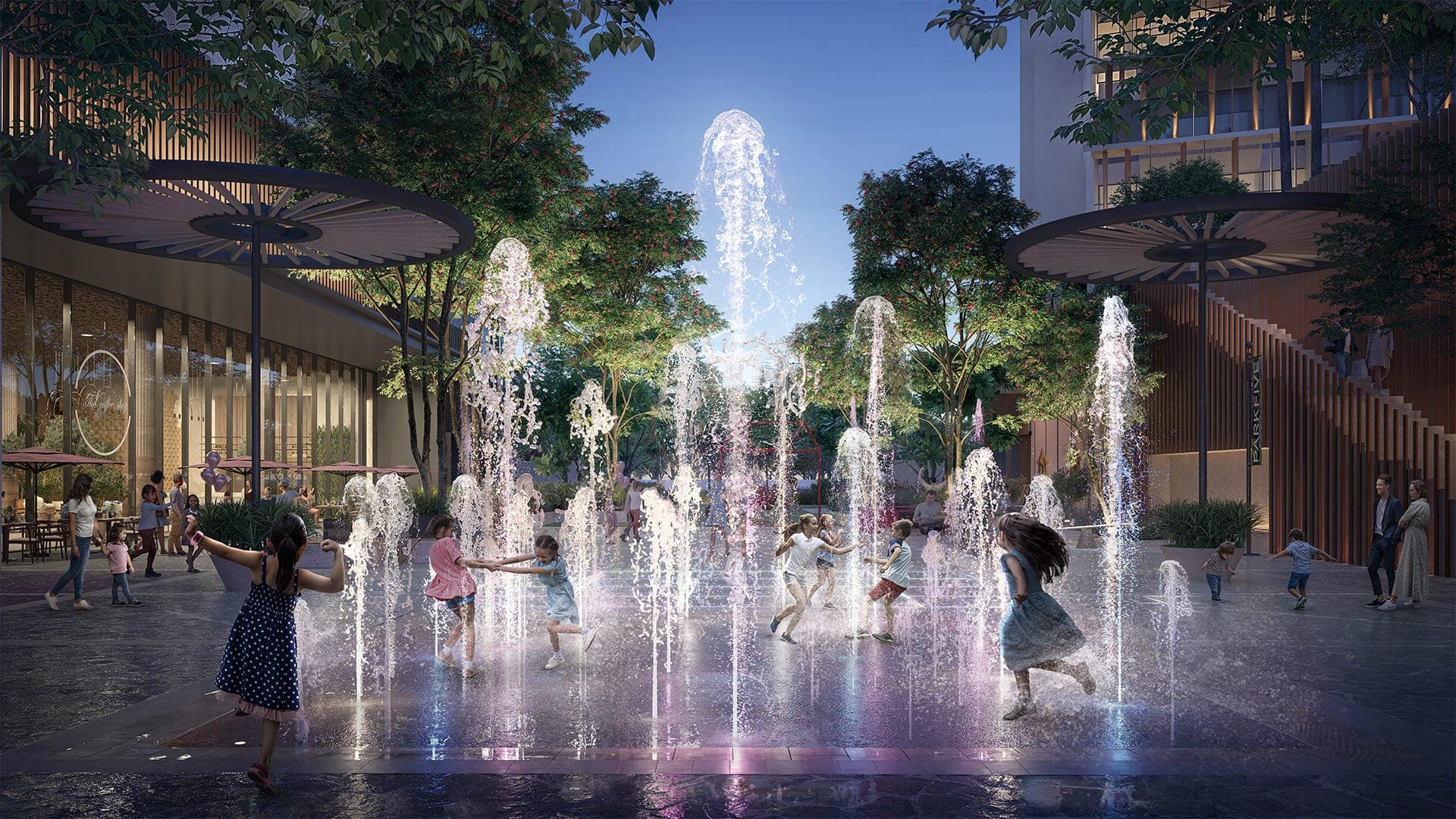 Render of the fountain plaza at ParkFive by Deyaar