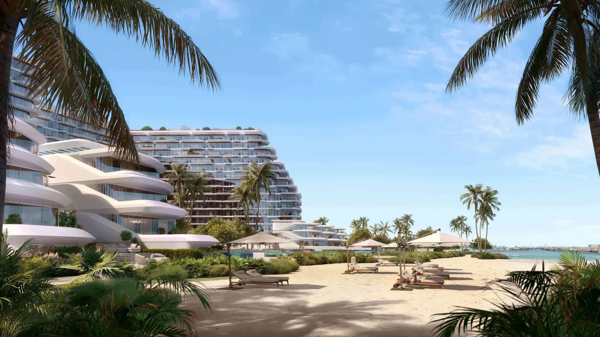 Render of the beach at Passo by Beyond, with loungers under palms and the stepped towers behind
