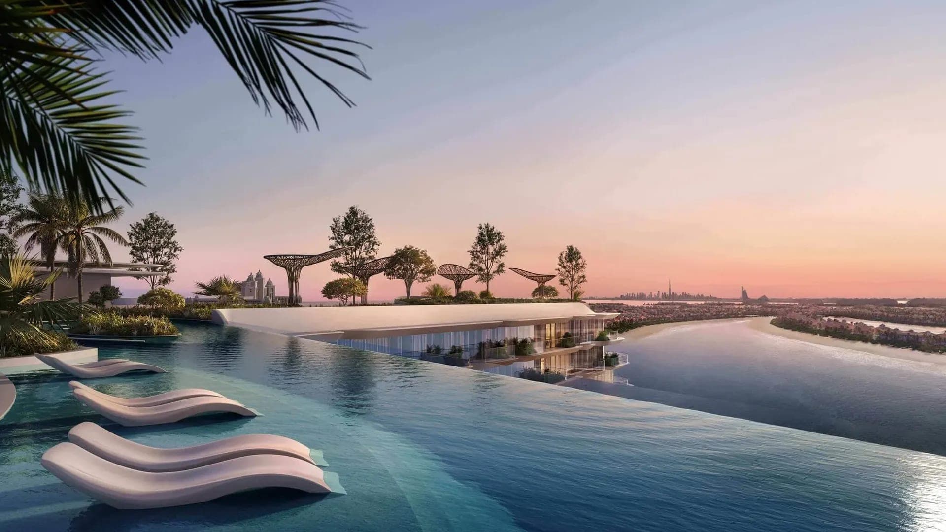 Render of the infinity pool at Passo by Beyond at dusk, with in-water loungers and the Dubai skyline in the far distance