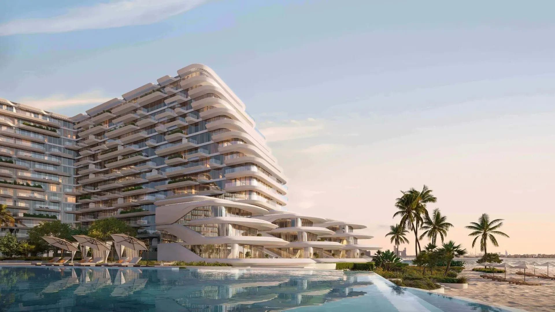 Render of a Passo tower by Beyond at sunset, its layered terraces rising beyond an infinity pool on Palm Jumeirah