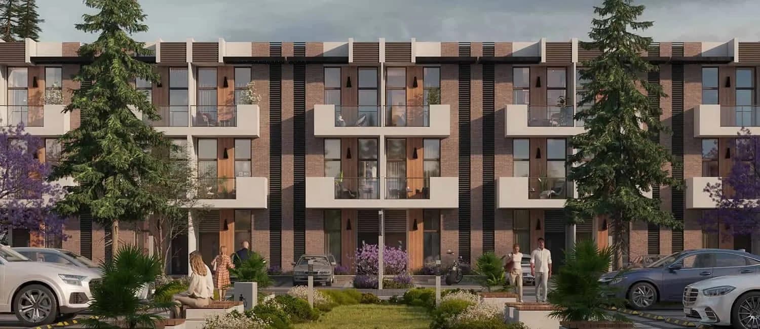 Render of a brick and timber townhouse terrace at R. Hills, with balconies facing planted grounds