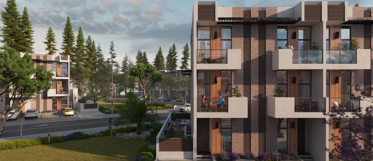 Render of townhouse elevations at R. Hills, balconies and terraces above a landscaped garden