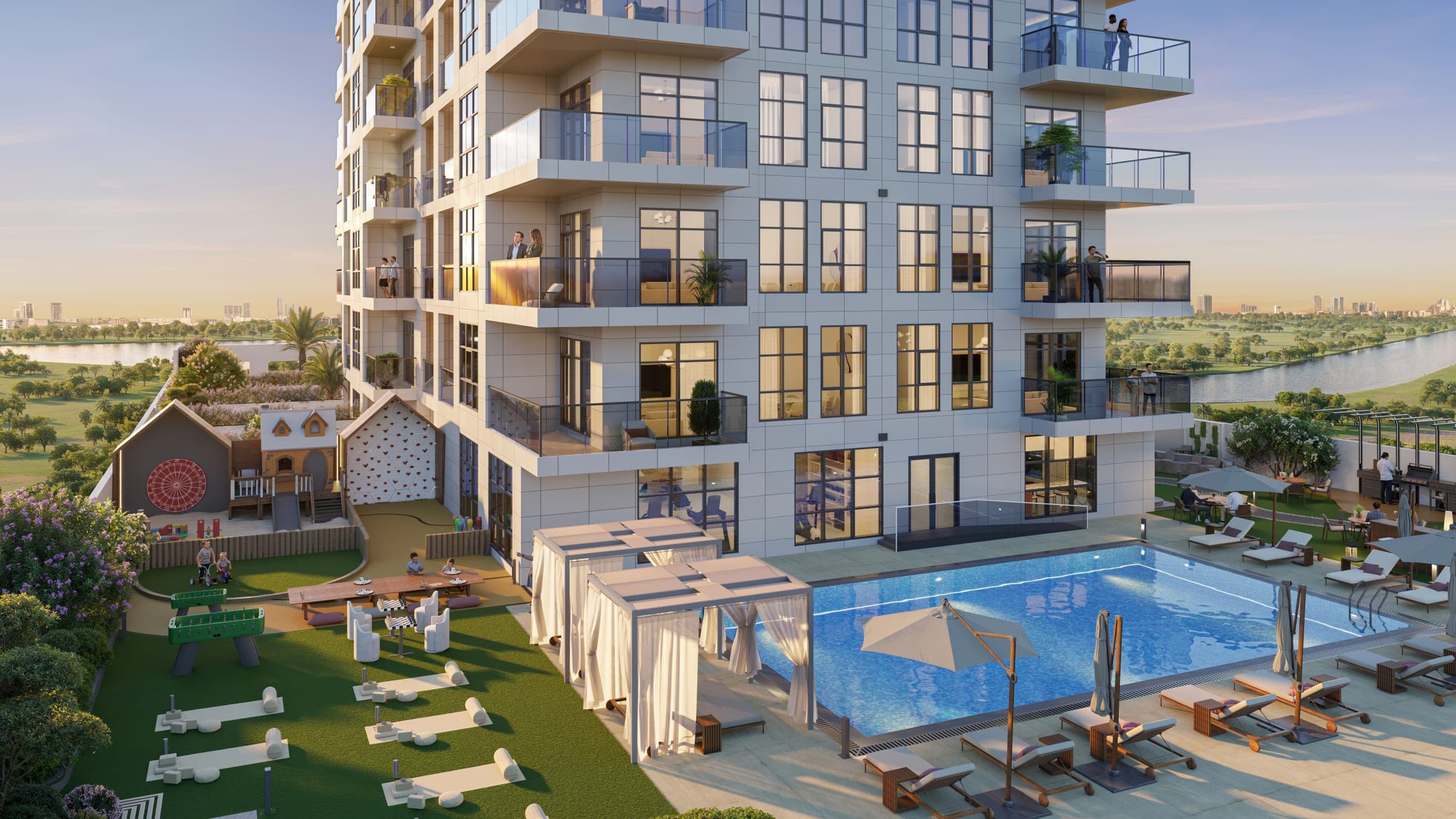 Render of Ramada Residences by Wyndham from the podium, with the residential floors rising above the pool terrace