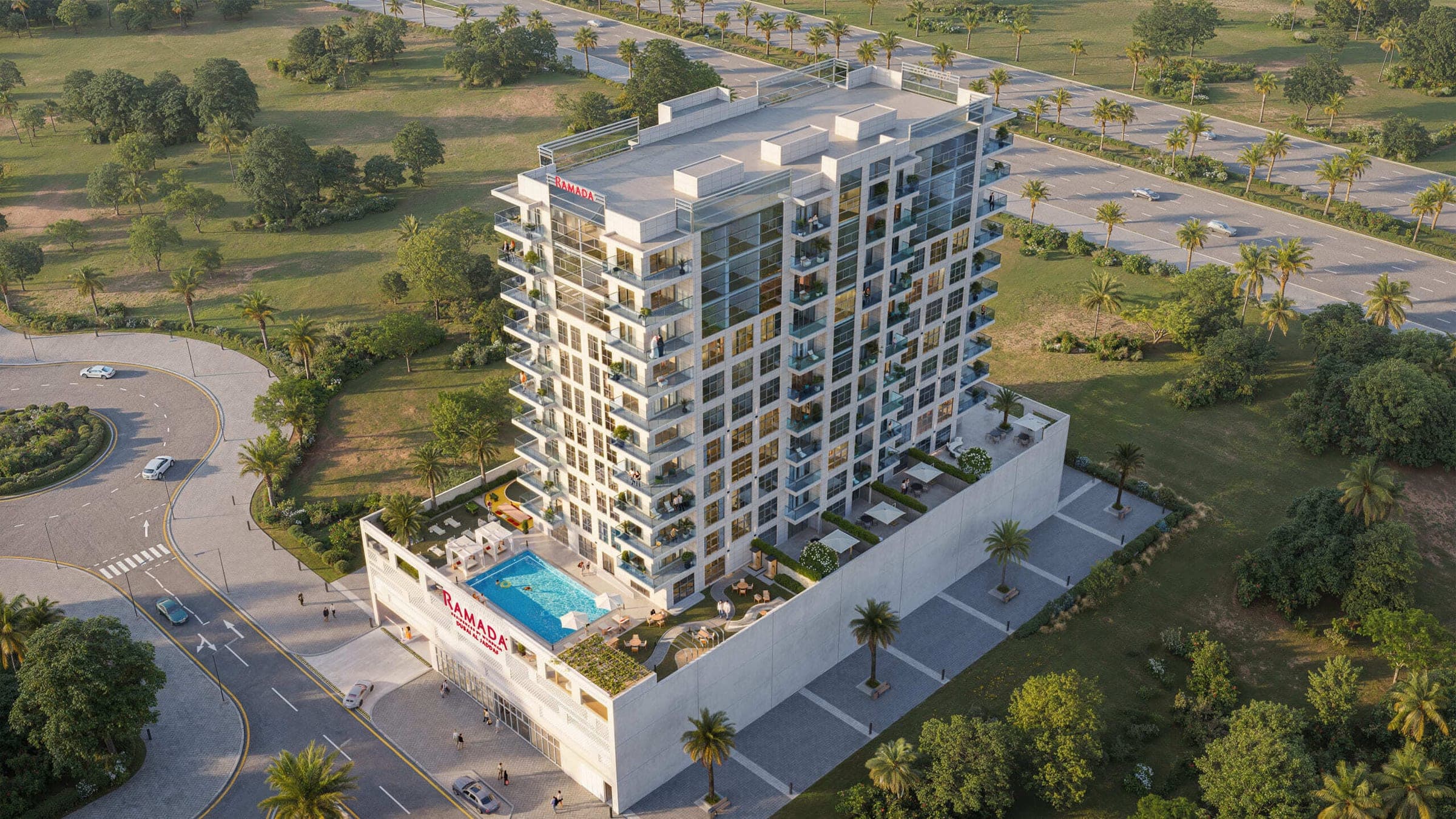 Render of Ramada Residences by Wyndham seen from the air, the tower rising above its podium pool deck in Al Jaddaf