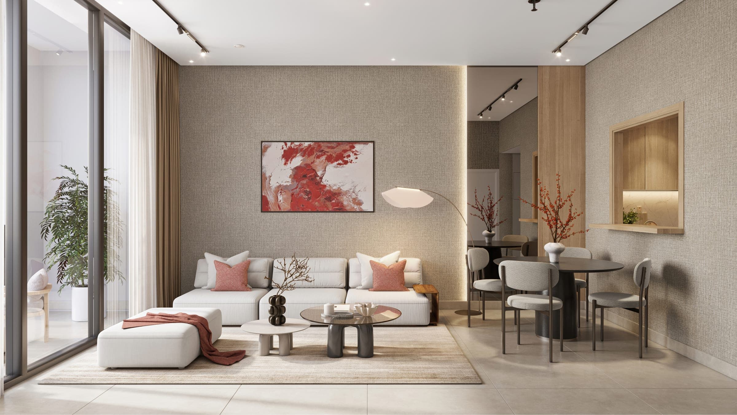 Render of a furnished living and dining room in an apartment at Ramada Residences by Wyndham
