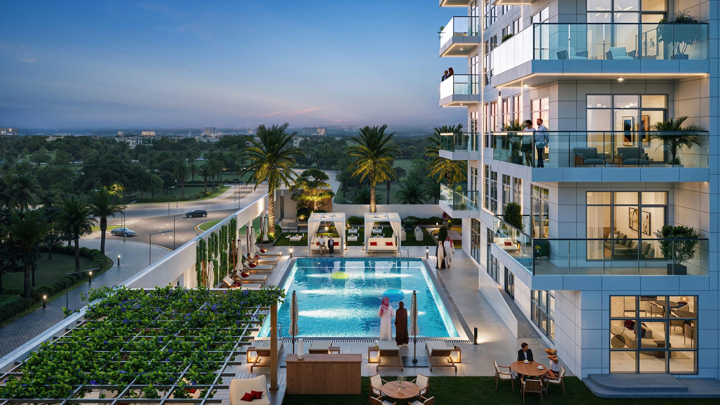 Render of the rooftop infinity pool at Ramada Residences by Wyndham at dusk