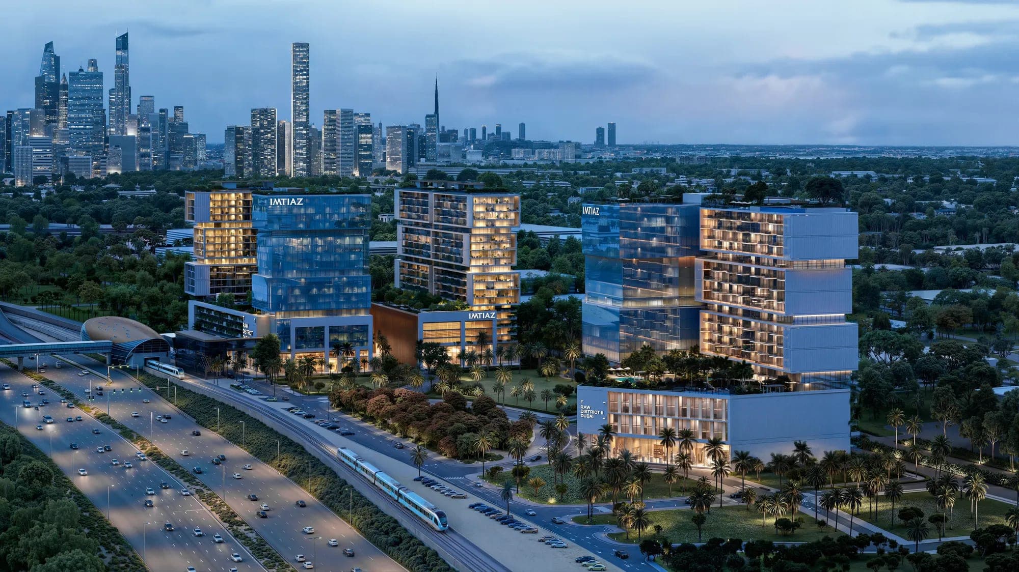 Render of Raw District II by Imtiaz seen from the air, with the highway corridor in the foreground and the Dubai skyline behind