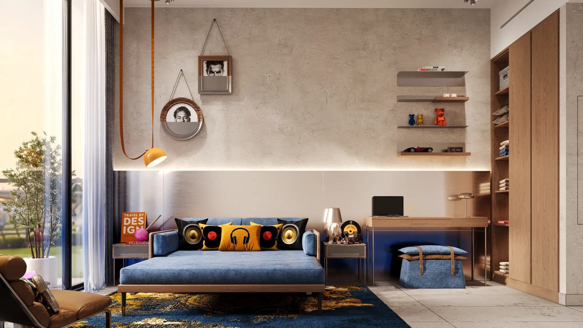 Render of a furnished apartment interior at Raw District II by Imtiaz, with a built-in kitchen, desk and seating along one wall